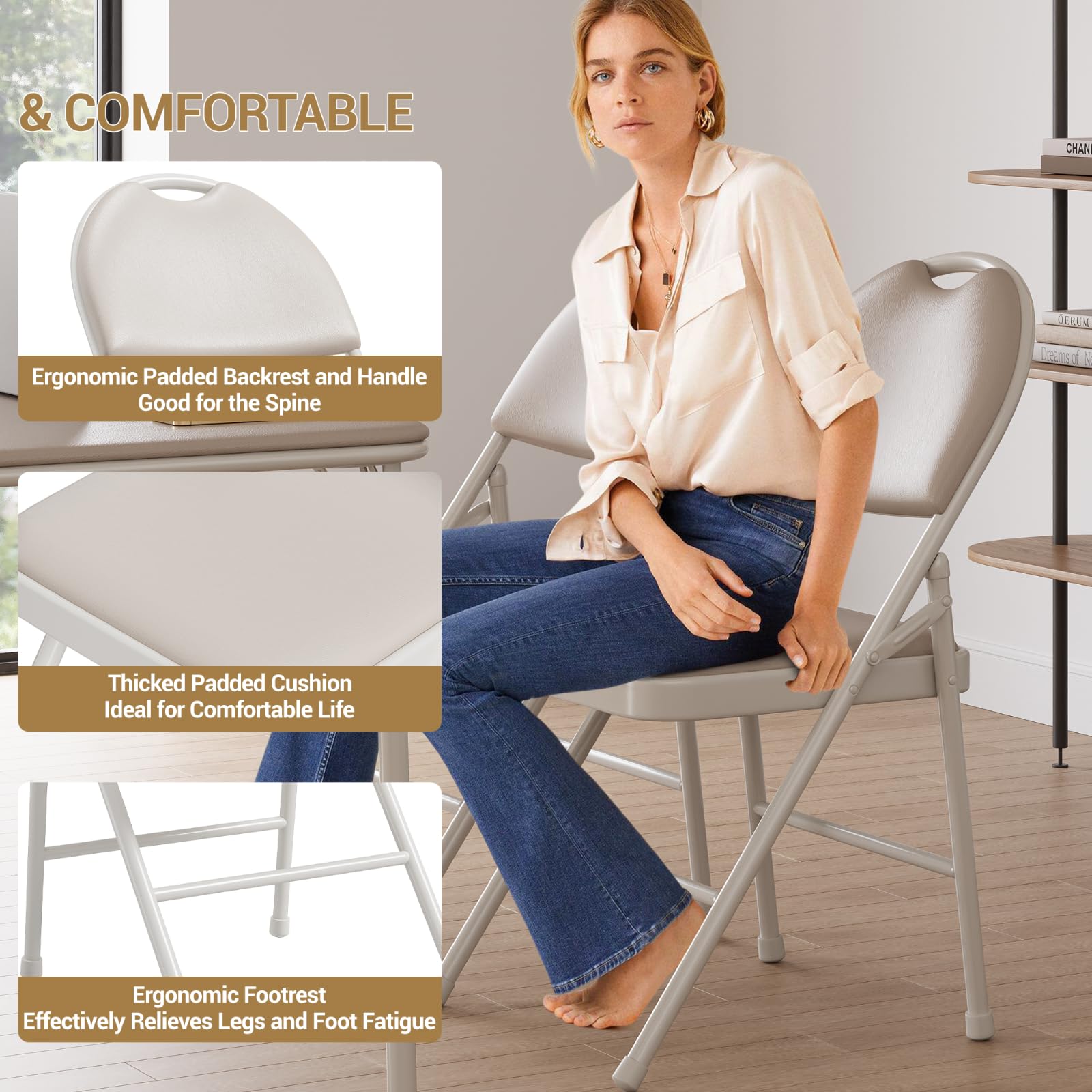 Lot de 2 chaises pliantes avec rembourrage en cuir synthétique pour assise et dossier - Chaise de jardin et chaise d'invités en métal empilables - Pour salon, événement, bureau, salle à manger, balcon