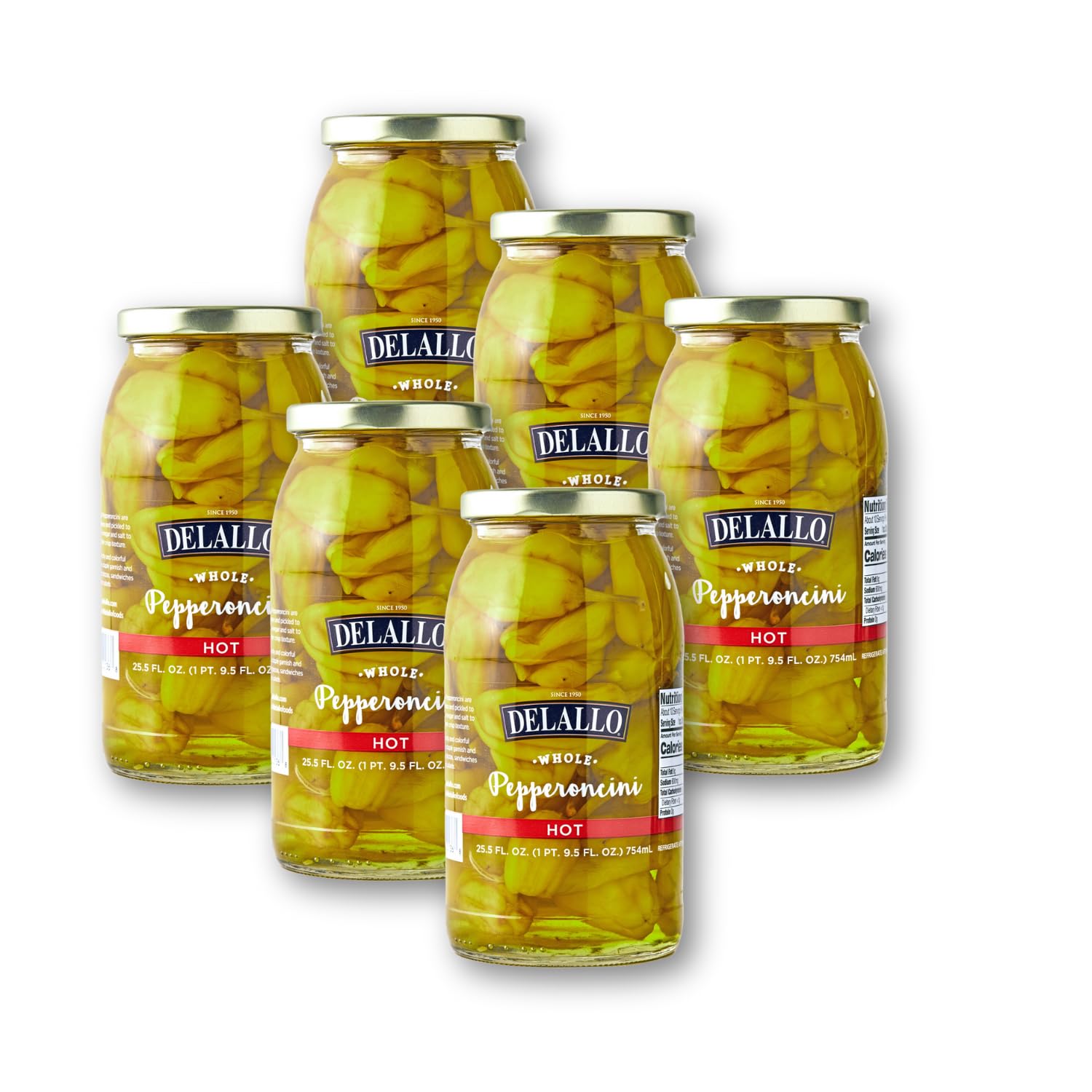 DeLallo Hot Greek Pepperoncini Whole Peppers, 25.5 oz Jar, Spicy Zesty Flavor, Pickled Vegetables for Sandwiches and Snacking, Non-GMO, Kosher (6 Pack)