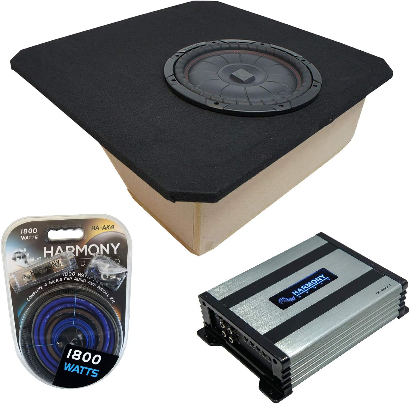 Harmony Audio Compatible with 1997-2004 Chevy Corvette Coupe C5 Z06 Kicker Bundle CompVT CVT12 Single 12" Sub Box Enclosure & Harmony HA-A400.1 Amp