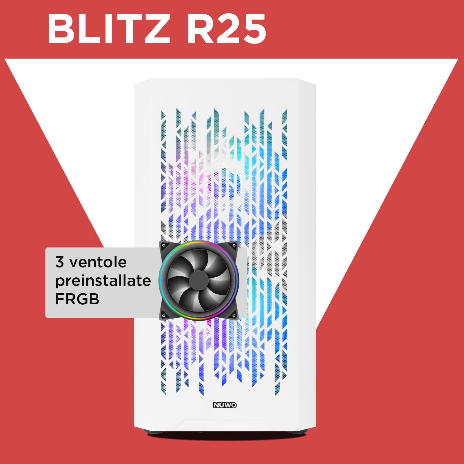 Nuwo Blitz R25 Case Gaming PC Micro-ATX Mini Tower Bianco | 3 Ventole RGB Rainbow | Vetro Temperato Laterale | AIO 240mm | GPU 270mm | Mini-ITX