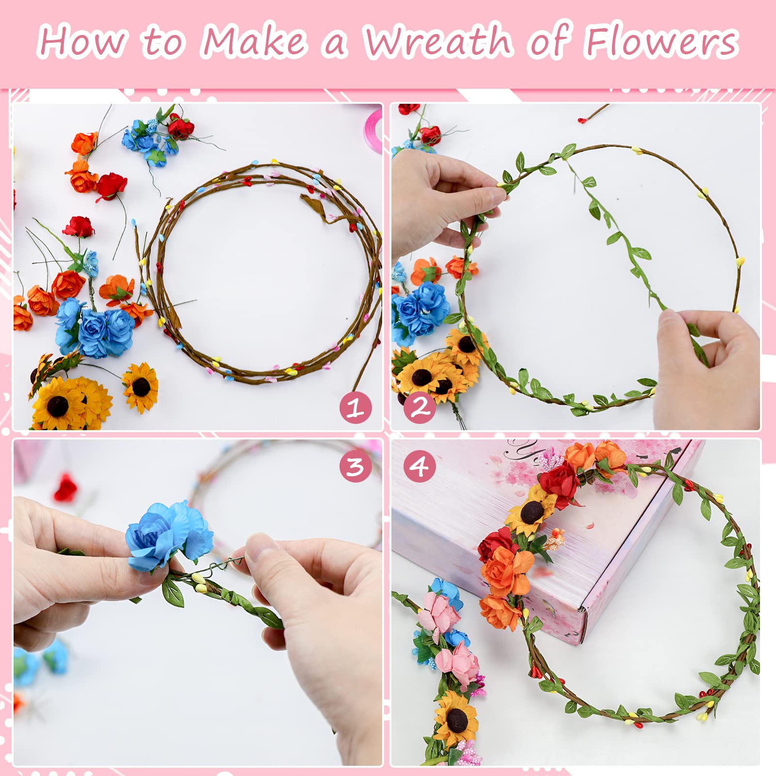 Meetory Couronne de fleurs pour adultes - Décoration de cheveux Kit de bricolage Pour Amateur de bricolage anniversaire d'enfant Bijoux de cheveux Fête de mariage vacances anniversaire