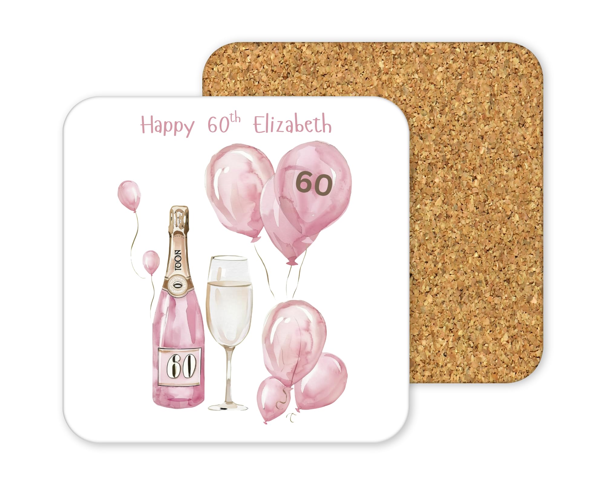 Personalised Cork-Backed Drinks Coaster, Square 9.6cm Drink Mat, Customisable Design for Birthday, Special Occasion Gifts, White Surface with Protective Base (60th Birthday Pink Balloons)