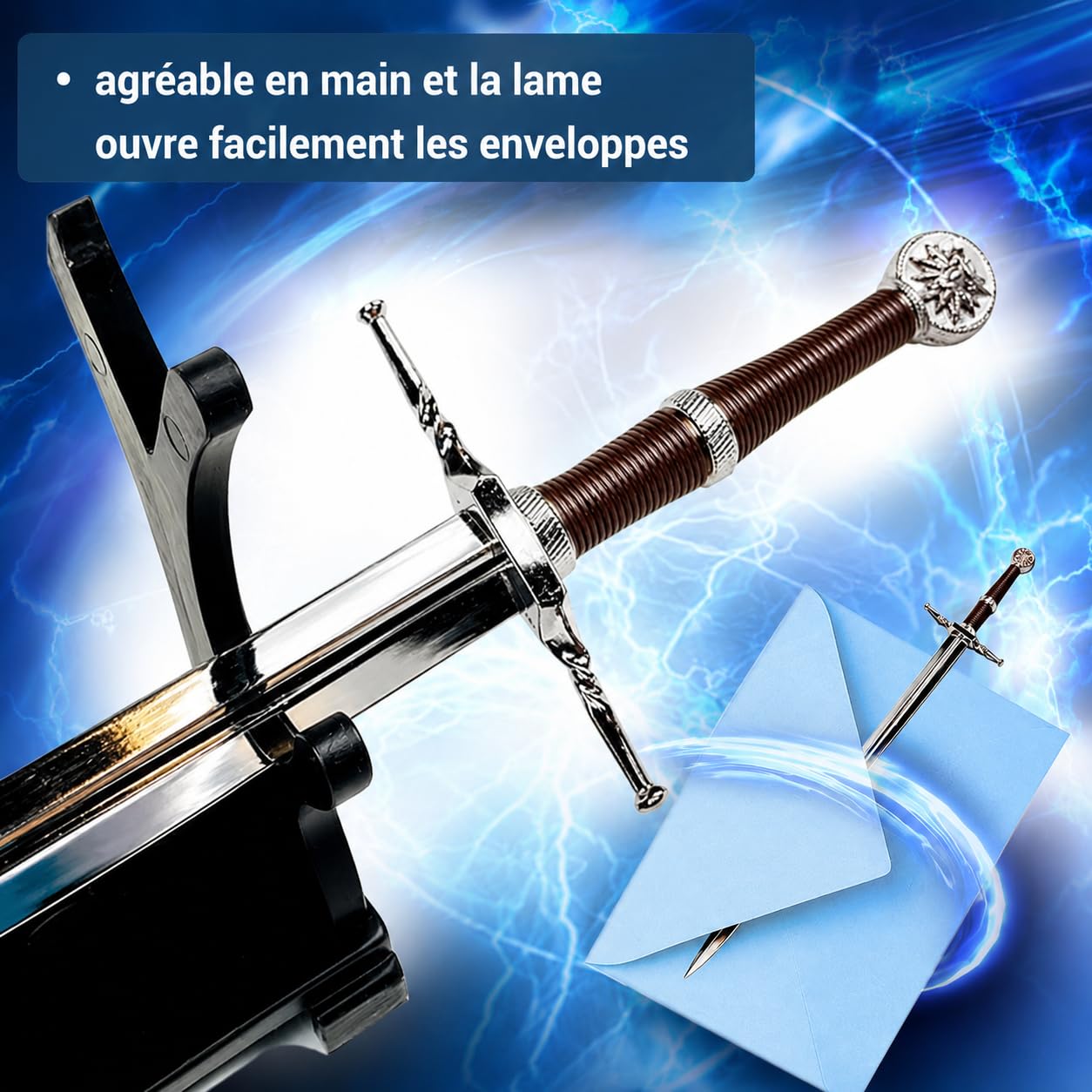 Swords and more Witcher - Geralt of Rivia Épée en Acier Ouvre-Lettre avec Support Épée Miniature Cadeau de Jeu vidéo pour Les Fans de Joueurs et Les collectionneurs