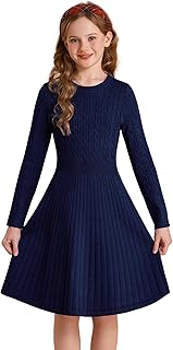 GRACE KARIN Girls' Knitted Dress, Long Sleeve Ribbed Jumper Dress with Cable Knit, Elegant Princess A-line Festive Dresses