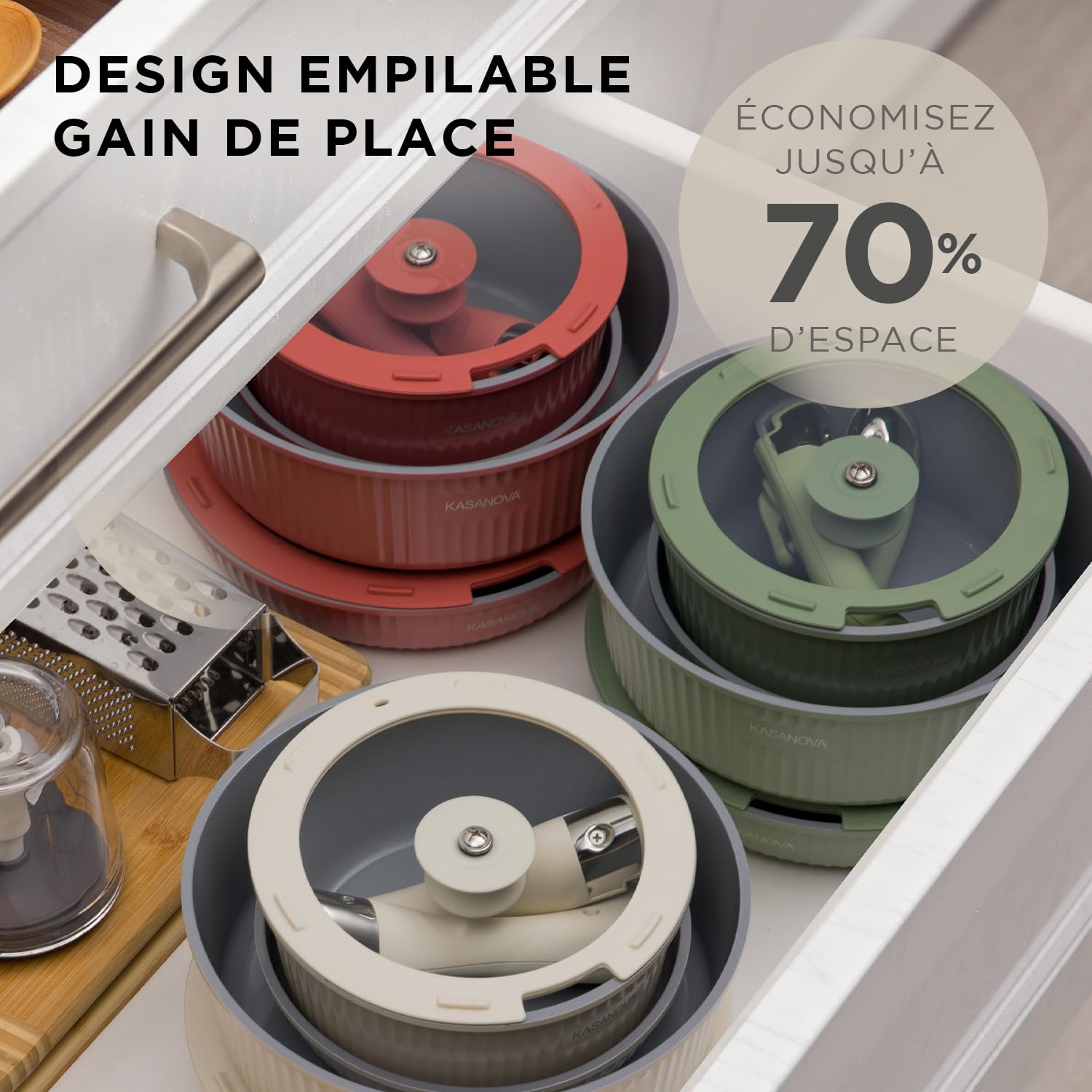 KASANOVA Batterie de cuisine 9 pièces Eaziclip, Set de casseroles induction avec revêtement céramique et poignées amovibles pour utilisation au four, Batterie antiadhésive avec couvercles (Vert)