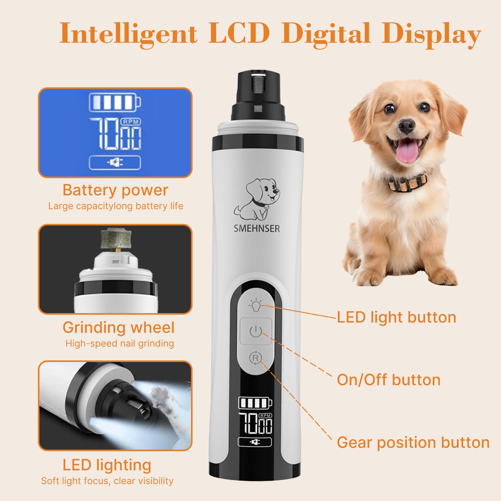 ahansi Dog Nail Grinder, 2026 Upgrade Quiet Dog Nail Grinder Cordless with LED Light & 3 Speeds, Quick USB Rechargeable Dog Nail Trimmer for Thick and Long Nails (1pc+2 Heads) - image 3