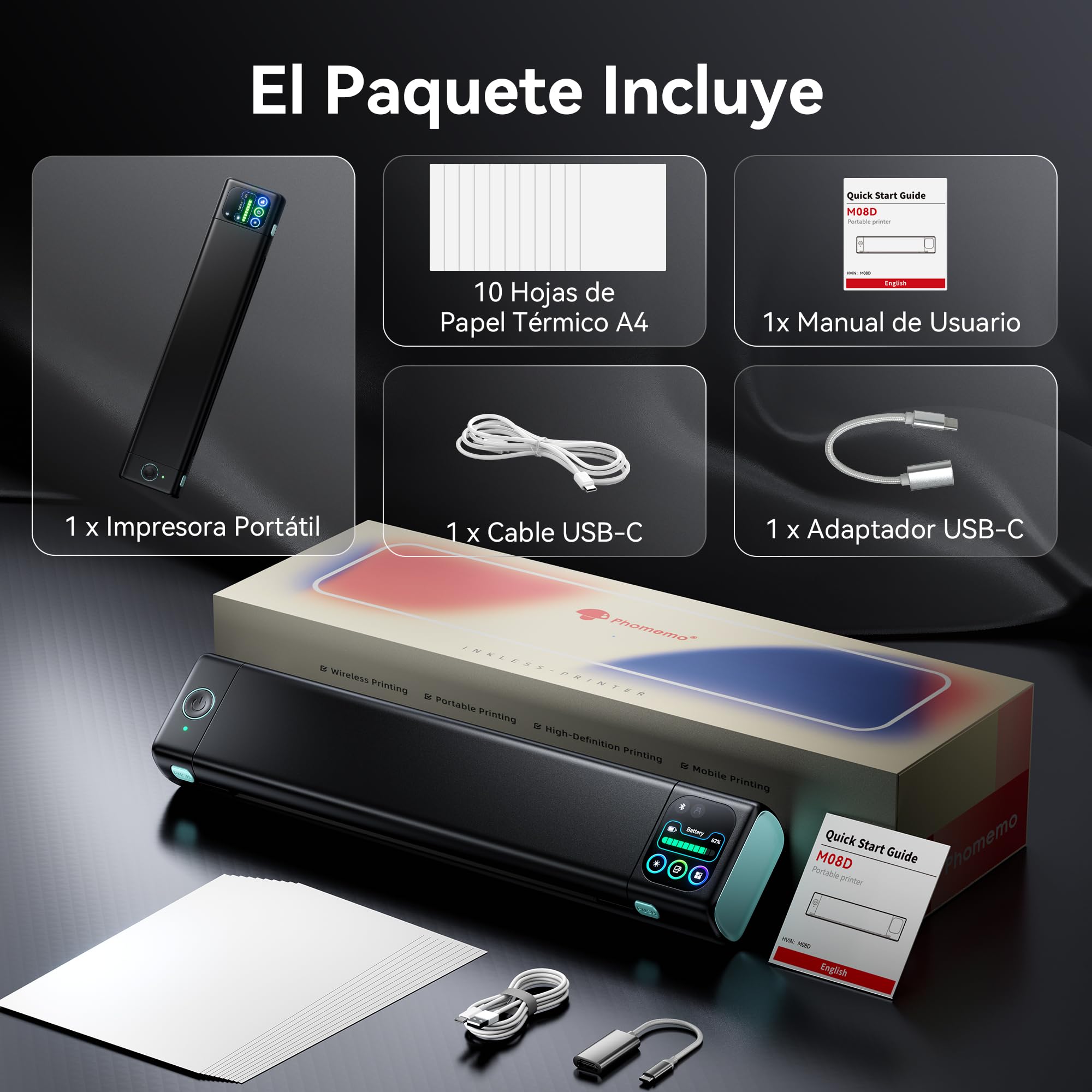 Phomemo M08D Impresora térmica portátil A4 con Pantalla táctil, Compatible con iPhone/PC/USB y Bluetooth inalámbrico, para Imprimir contratos/Documentos en Blanco y Negro sin Tinta