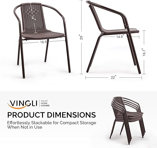 Miniatura 3 de VINGLI Juego de 2 sillas de comedor de ratán para exteriores, sillas de patio apilables de plástico PE duradero con cómodo respaldo curvado y