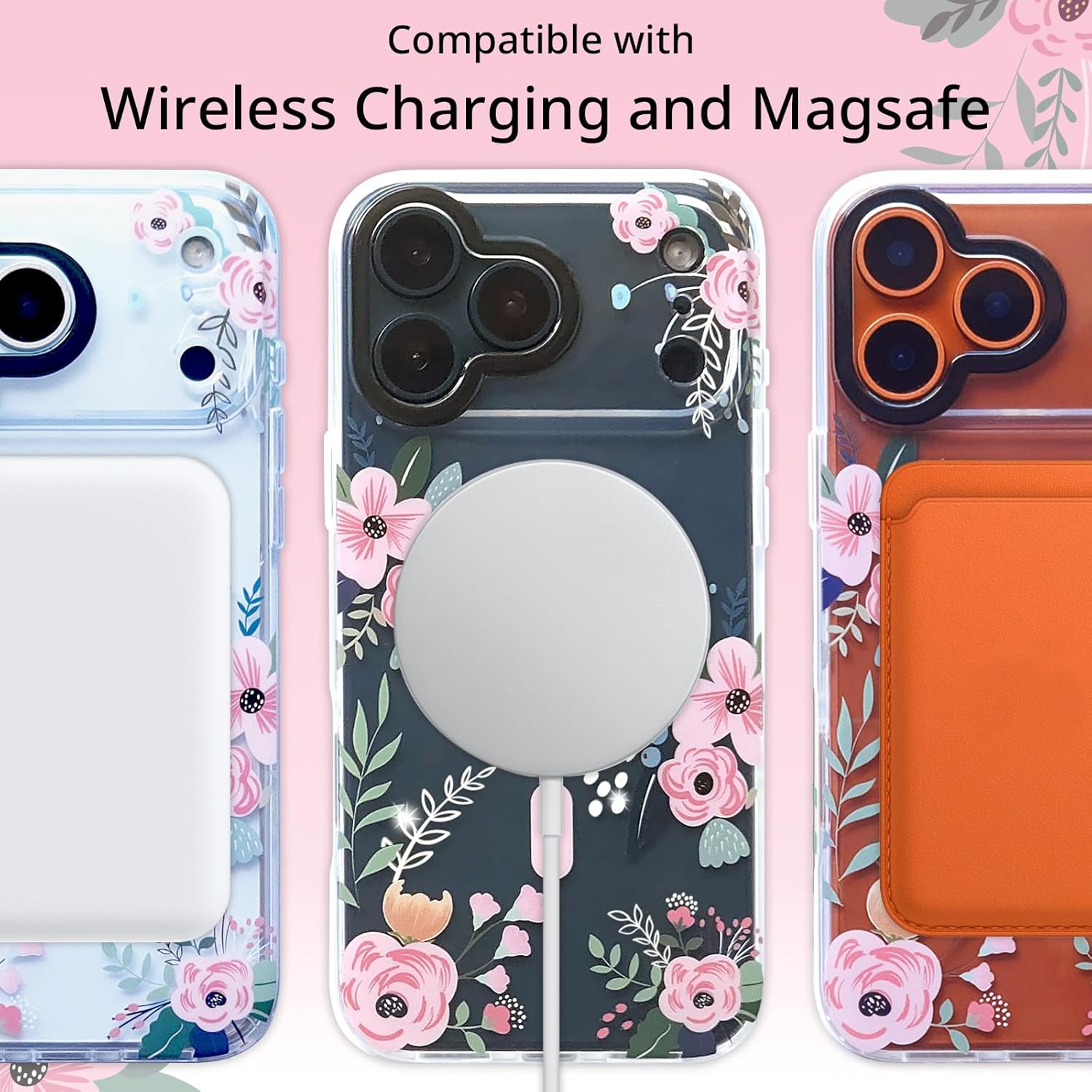 YeLoveHaw Clear Phone Case for iPhone 17 Pro [Compatible with MagSafe] Slim Magnetic Protective Cover with Rose Floral Pattern Silver Accents, Cute Aesthetic Flower Case for Women Girls – Pink Flowers - Image 2