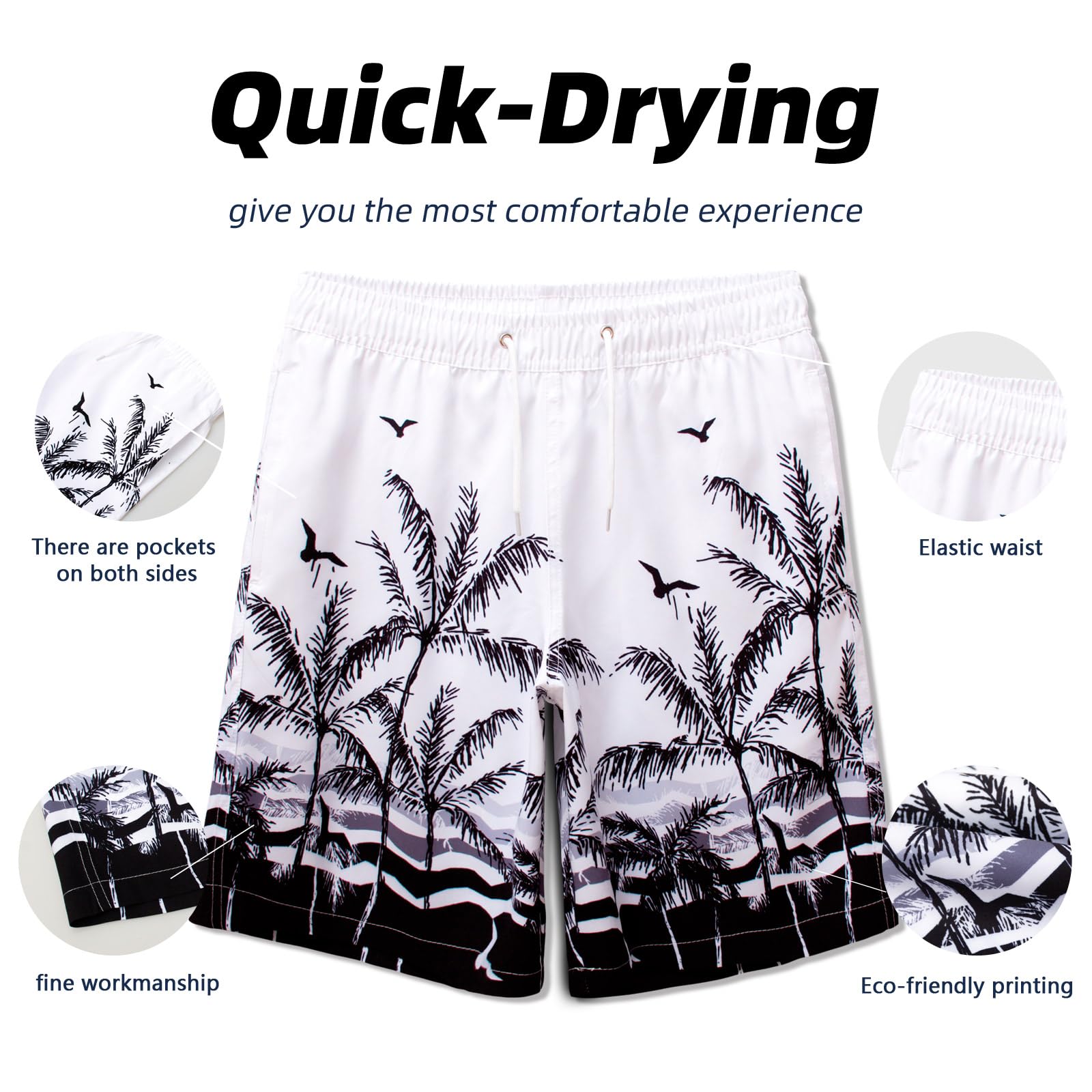 MEILONGER Costume da Bagno Pantaloncini da Bagno Estivi per Ragazzini Bambini Foderate in Rete Asciugatura Rapida 6-20 Anni(Bianco Nero(Albero), 14-16)