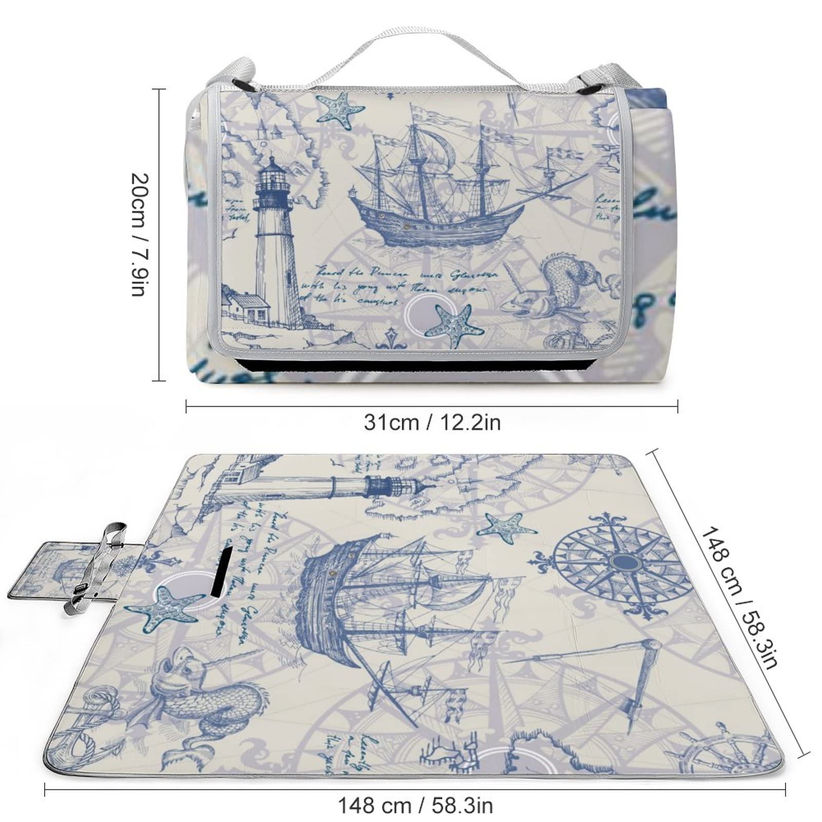 Kazynee Nautical Sailboat Lighthouse Beach Picnic Blanket Rustic Hand Painted Compass Anchor Starfish Decorative for Outdoor Picnics, Beach, Camping 58.3x58.3 Inch