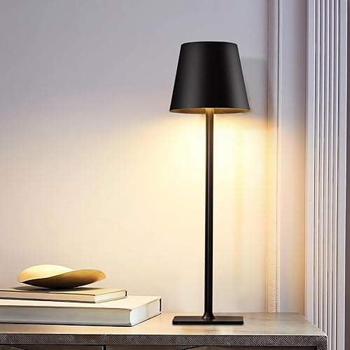 Miniatura 9 de Moderna lámpara LED inalámbrica, lámpara de escritorio negra recargable de 5000 mAh, funciona con pilas, luz de mesa de 3 colores con atenuación de