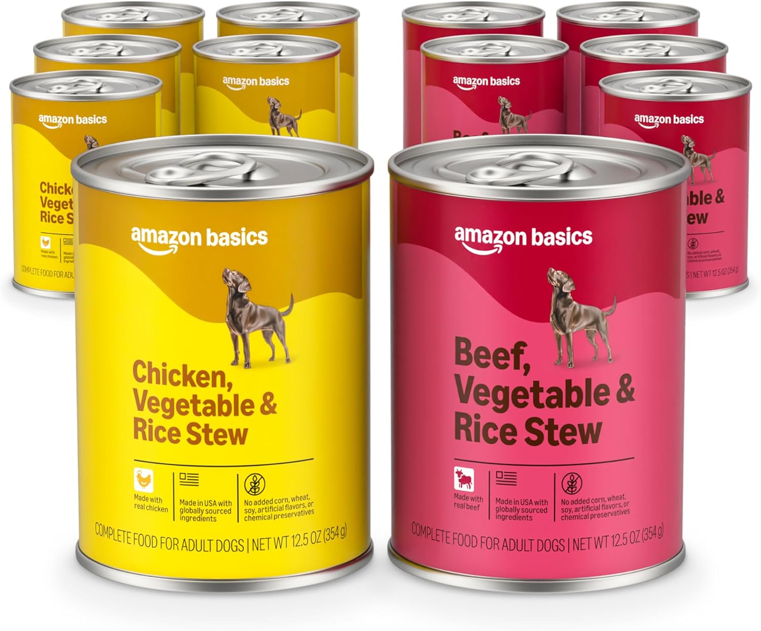 Amazon Basics Wet Dog Food, Stew Variety Pack, Beef Vegetables Rice & Chicken Vegetables Rice, 12.5oz can, (6 cans of Each Flavor, 12 cans in Total)