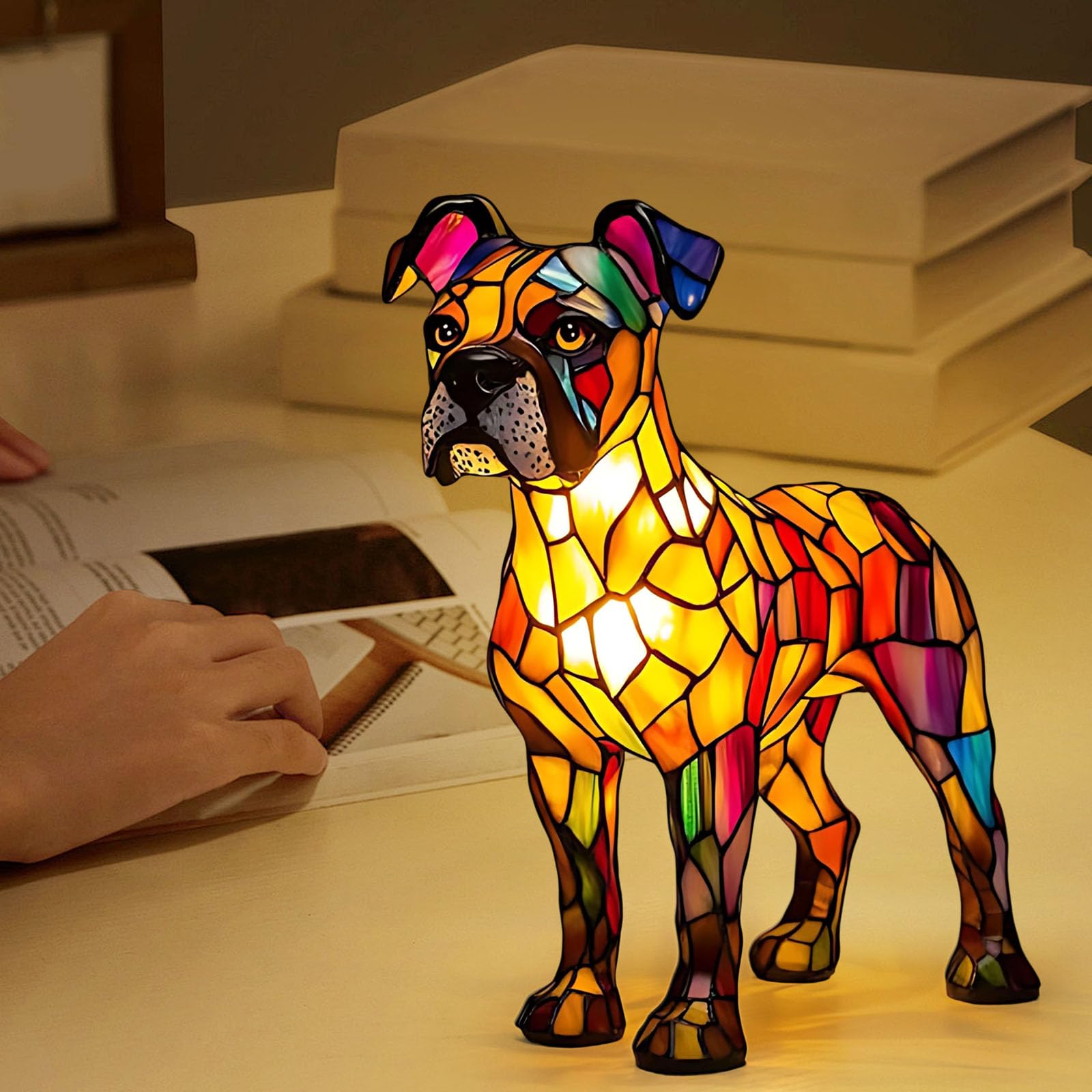 Dog Lamp Stained Glass Lamp, Led Dog Series Art Night Light, Resin Dogs Bedside Lamps, Cute Animal LED Table Plug in Lamp, Living Room and Bedroom Home Decoration for Dog Lovers and Pet Owners (J)