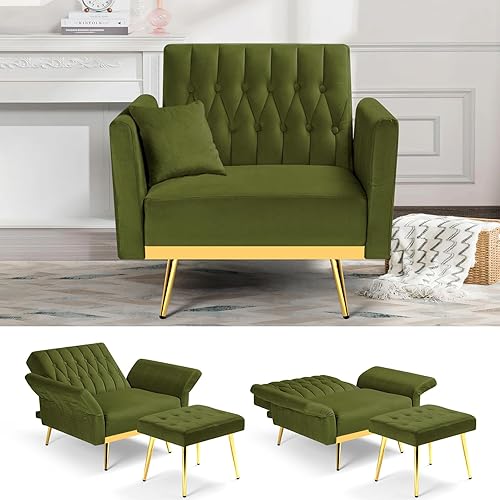 Miniatura 8 de Silla decorativa de terciopelo con respaldo y reposabrazos ajustables, sillón reclinable individual con otomana y patas mentales doradas para sala