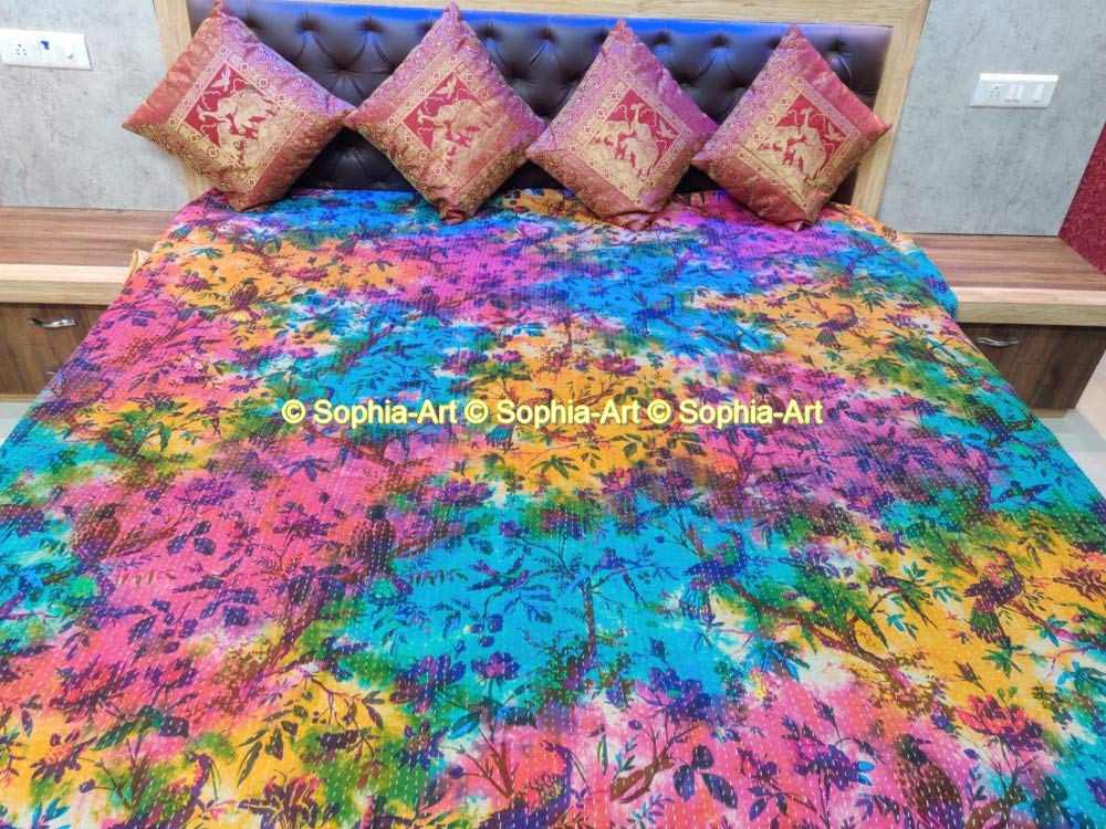 Sophia-Art Twin/King Bed Bohemian Bird Queen Bedspread Handcrafted Handmade Quilt Kantha Bird Print Cover Unique Blanket Bedding Quilt (Multi Tie & Dye, Twin 60 * 90 Inches)