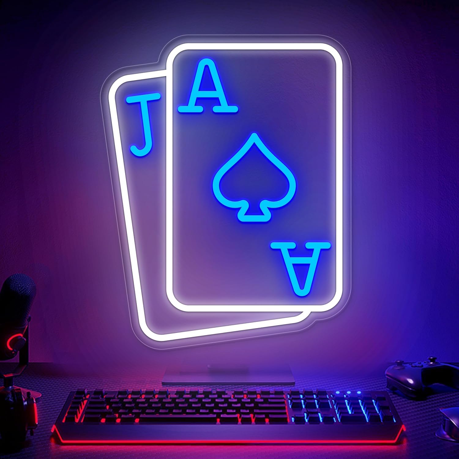 Playing Cards Neon Signs for Wall Decor Poker Teens Led Neon Light Blue White Usb Light Sign for Bedroom Casino Bar Hotel Play Room Birthday Party Decor — image 1