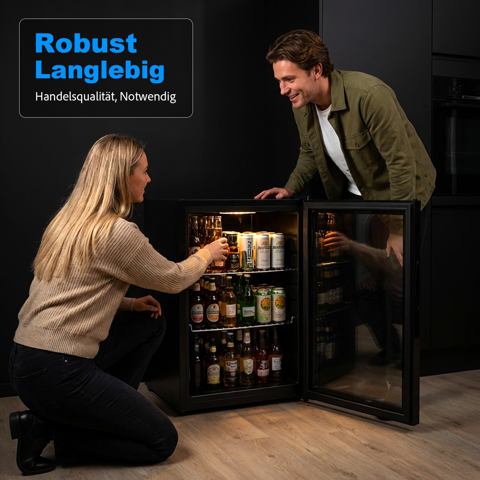 Trintion Mini Kühlschrank 60L mit Glastür, Kompakter Getränkekühlschrank, 2 Verstellbare Ablagen, Schwarz