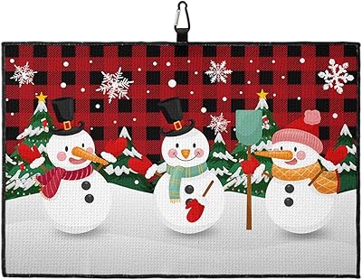 Christmas Snowman Golf Towel with Carabiner Clip, Cute Xmas Snowman Red Black Checkered Snowflake Microfiber Waffle Pattern Golf Towel, Golf Accessories for Cleaning Clubs and Balls, 24x16 In