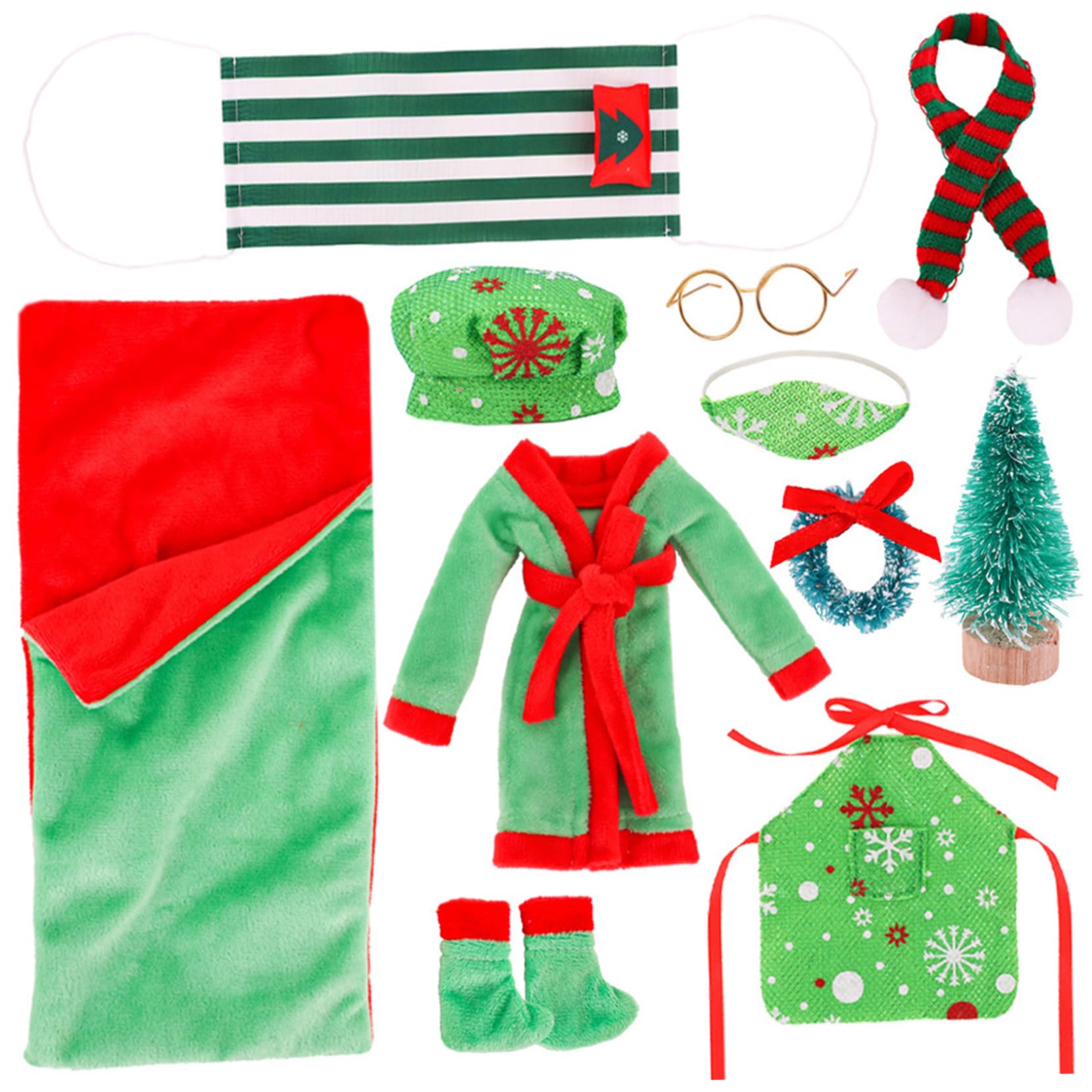 Aetherize Elf Accessories 11PCS Cute Mini Christmas Elf Kit with Sleeping Bag, Bathrobe, Glasses, Shawl, Hammock Doll Accessories for Doll Decorations Green Clothes