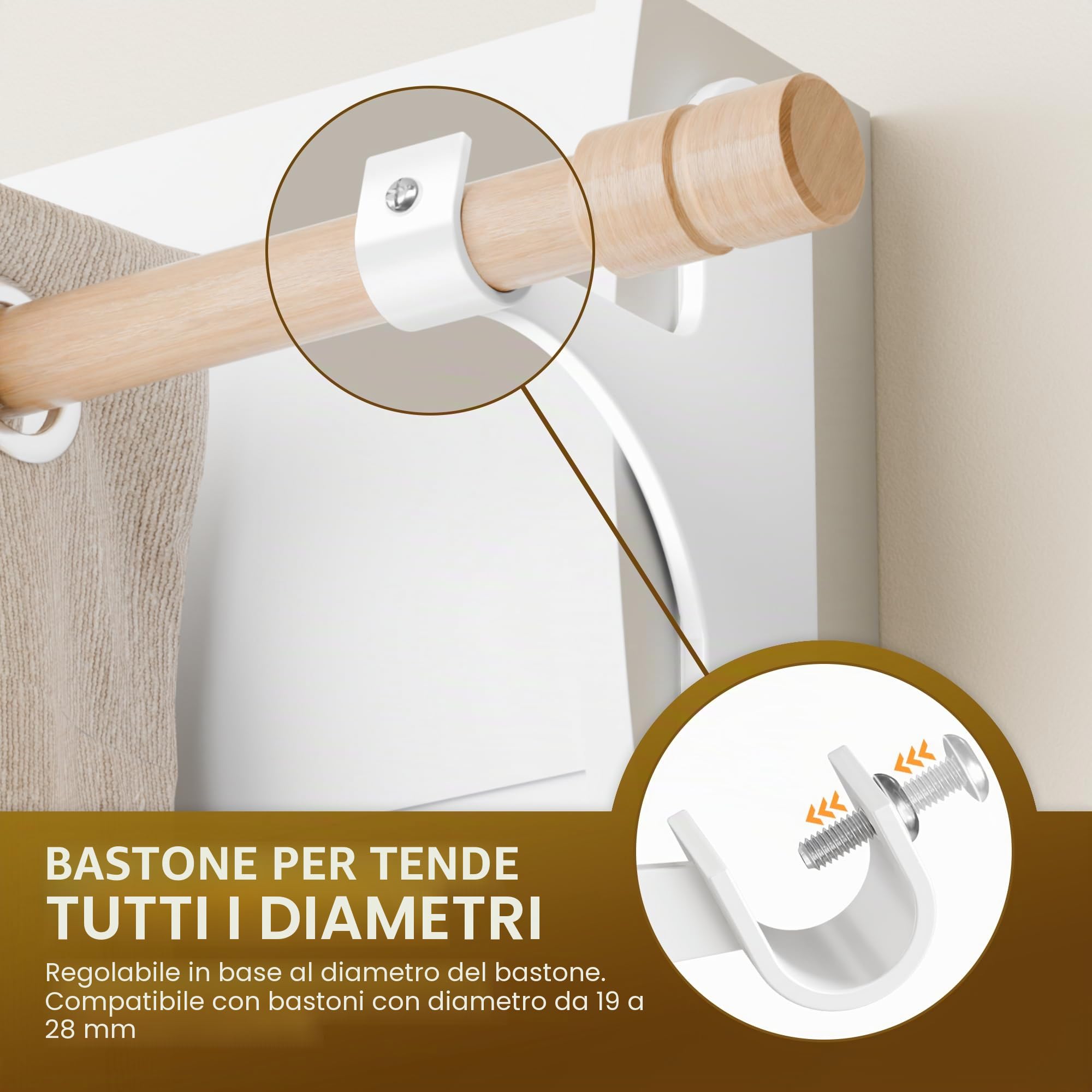 niffgaff Supporto per Bastone Tenda Senza Fori per Cassonetto Tapparella – Fissaggio Autoadesivo, Set da 2 per Bastoni 19–28 mm, Metallo Resistente, Installazione Rapida, Bianco