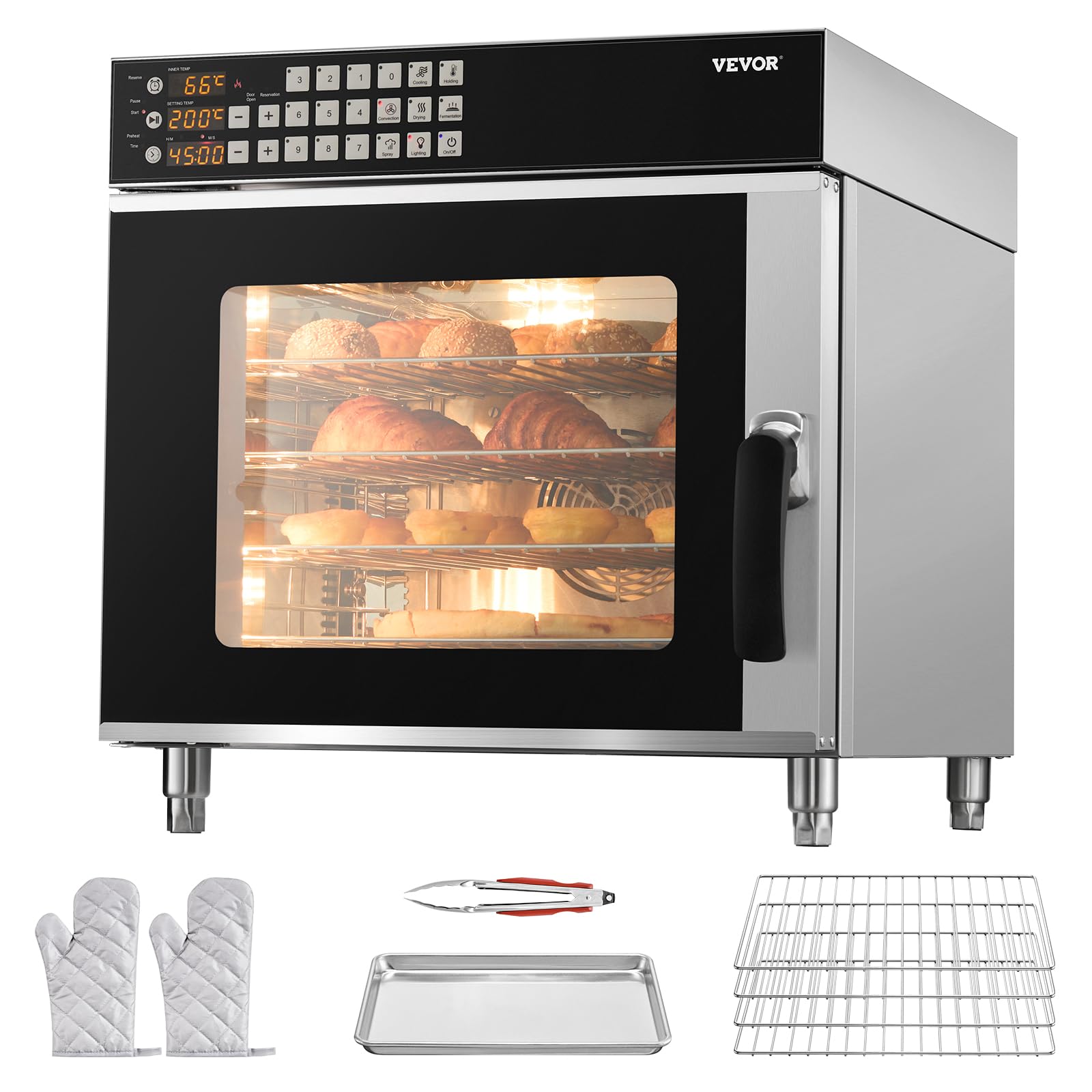 VEVOR Forno a Convezione Commerciale 58 L, Forno Tostapane a 4 Ripiani 2800 W con Porta in Vetro Temperato, Griglie Metalliche Vassoio per Clip Guanti Forno Elettrico in Acciaio Inox per Ristorante