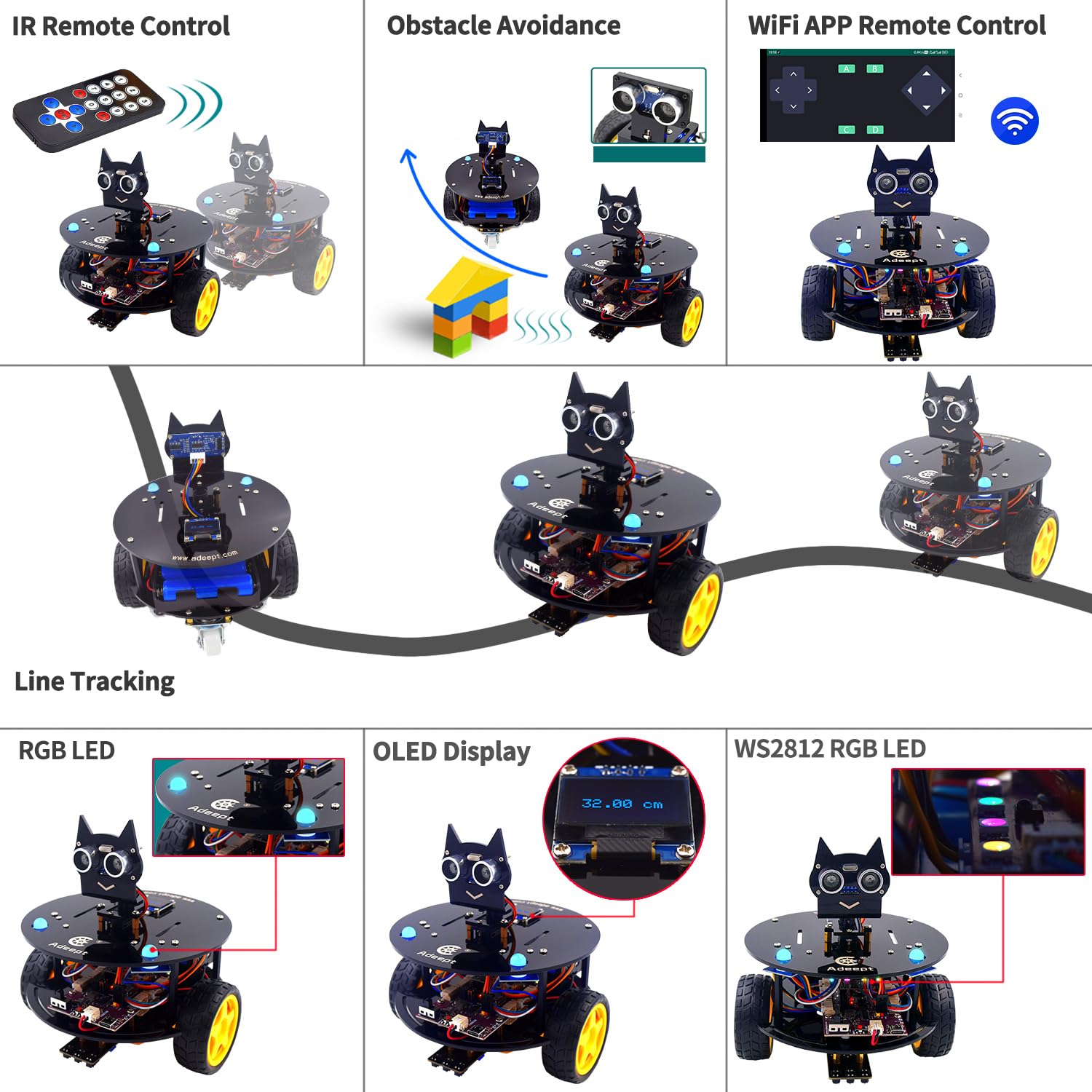 Adeept Smart Car Kit(Compatible with Arduino IDE), Line Tracking, Obstacle Avoidance, OLED Display, Ultrasonic Sensor, Wireless Remote Control, DIY Stem Educational Robot Car Kit (Blue)