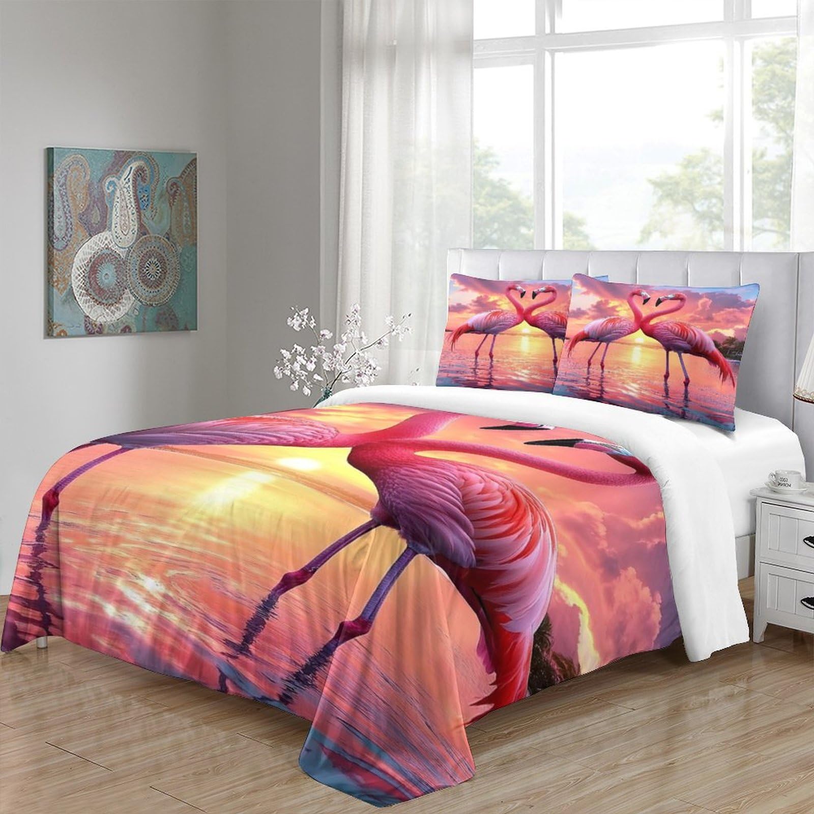 Flamingo-Pärchen 3D-Druck 3er-Set Steppbezug Tropische Sonnenuntergangsszene Bettdeckenbezug Mikrofaser Atmungsaktiv Staubmilbenfest für Jugendliche Männer Erwachsene King（220x240cm）