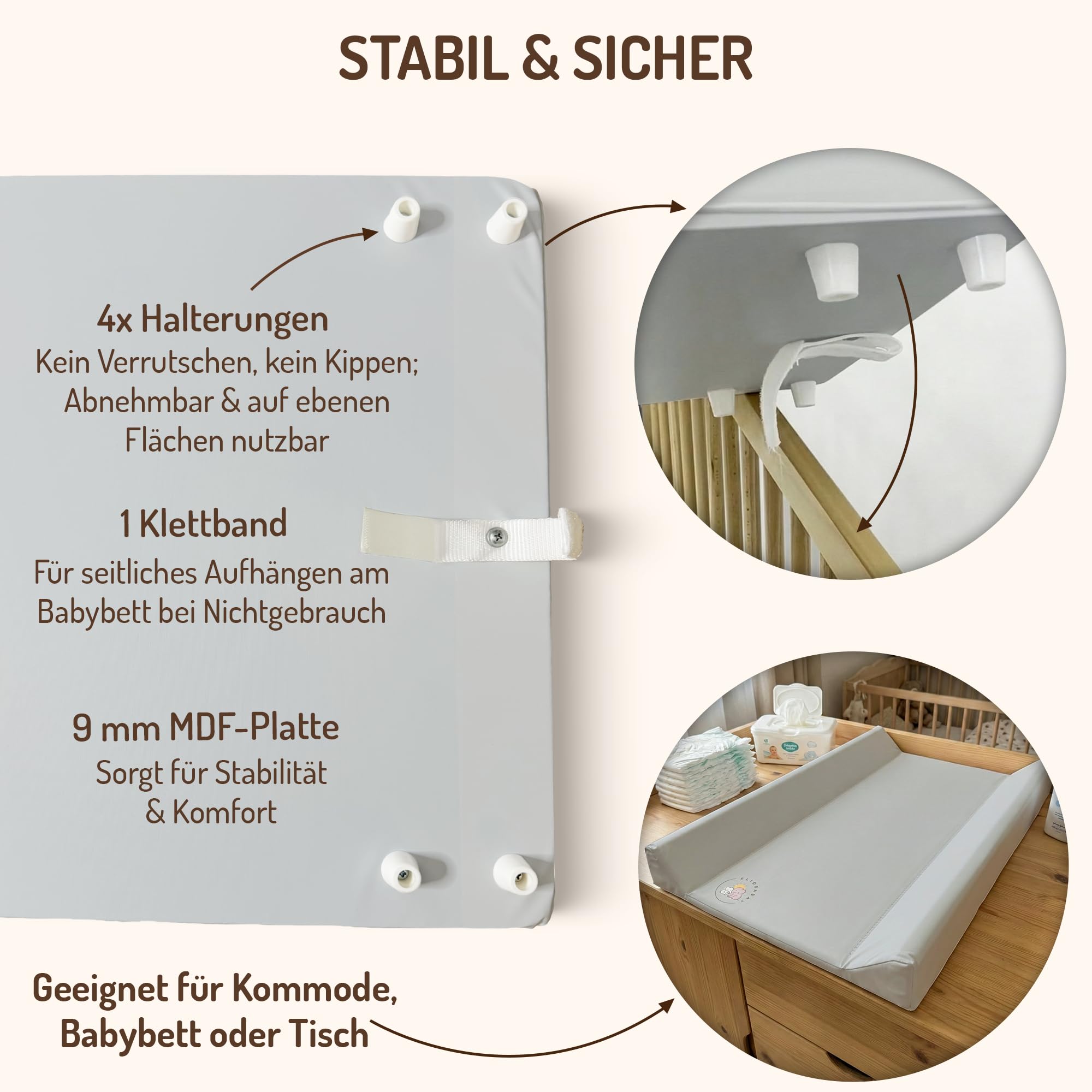 Cambiador para cambiar pañales, 80 × 50 × 10 cm, PVC sin ftalatos, acolchado suave y fácil de limpiar, tablero de respaldo de MDF resistente, para cuna, cómoda y de viaje (gris)