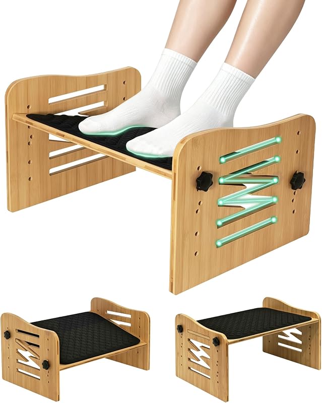Reposapiés ergonómico para debajo del escritorio en el trabajo - Reposapiés ajustable de bambú para debajo del escritorio con 7 posiciones - Taburete para pies con superficie de masaje - Reposapiés para silla de escritorio de oficina, hogar, accesorios para juegos