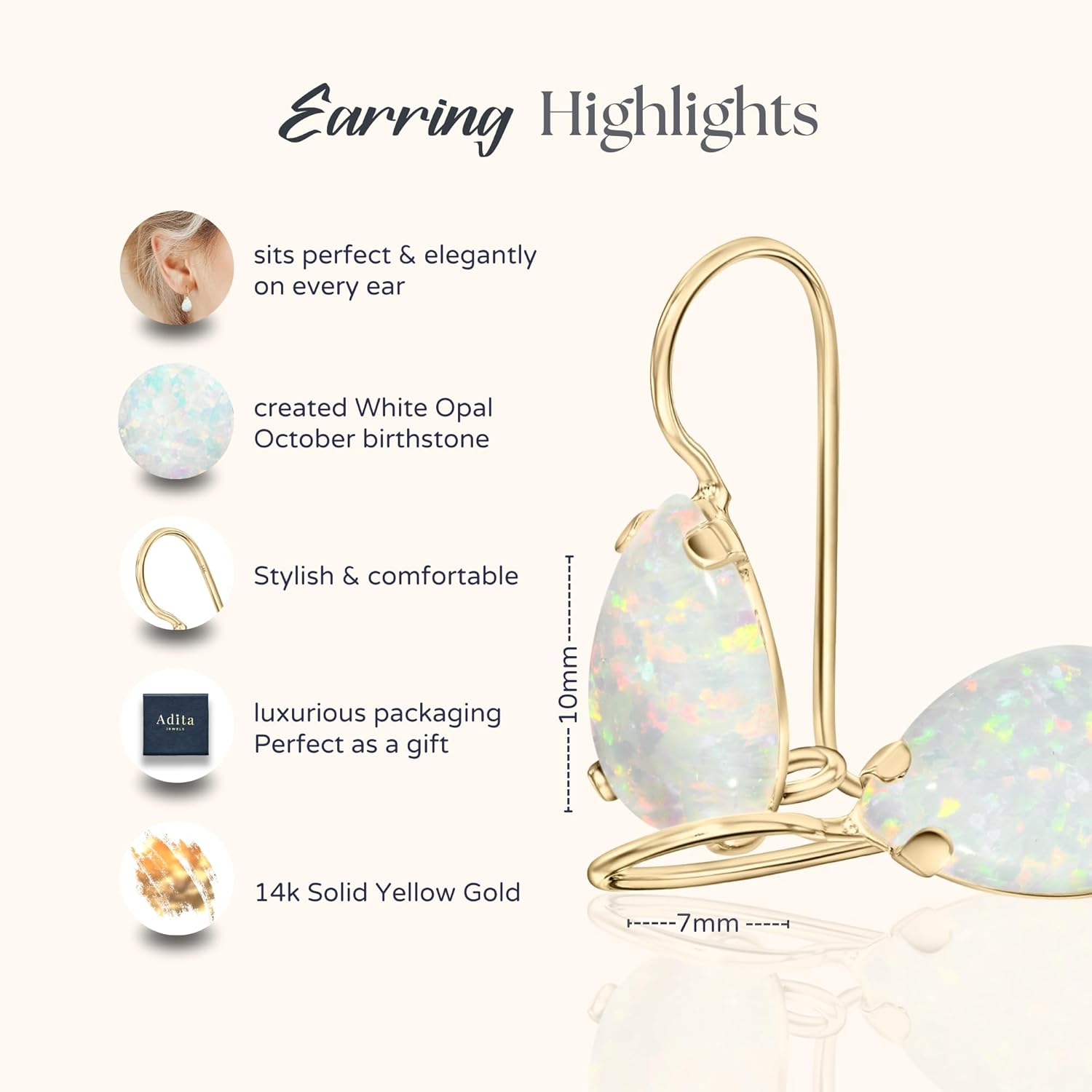 14K Solid Gold Earrings - Gemstone Earrings for Women - 14K Gold Earrings for Women - Birthstone Earrings - Teardrop Earrings for Women - Gold Dangle Earrings - Small Dainty Earrings - Image 6