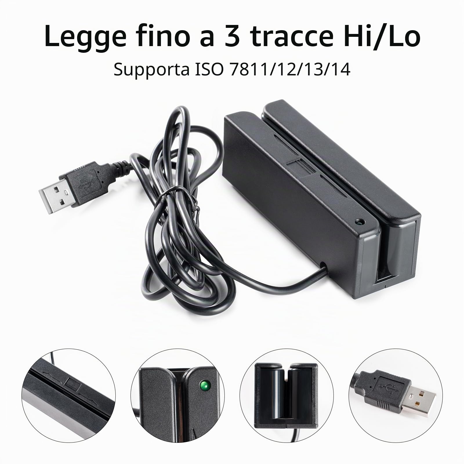 MSR100 Lettore di carte a banda magnetica USB, Lettore macchina POS per tessere, programmabili e integrazione con varie Localizzatori GPS, Nero