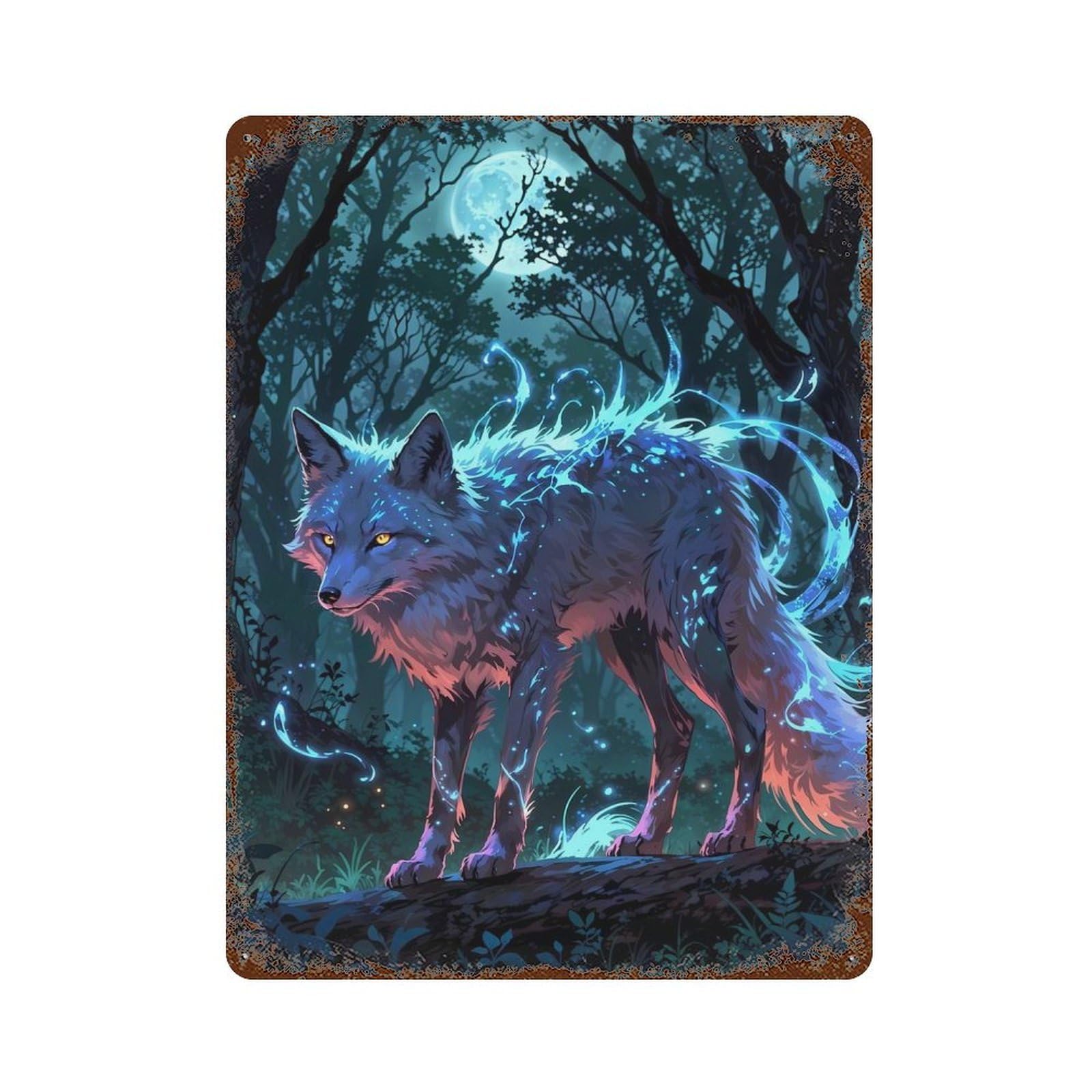 Moonlight Spirit Fox Vintage Wall Sign 15.7"x11.8", Rust Effect Metal Decor for Basement, Hobby Room And Garage Decor