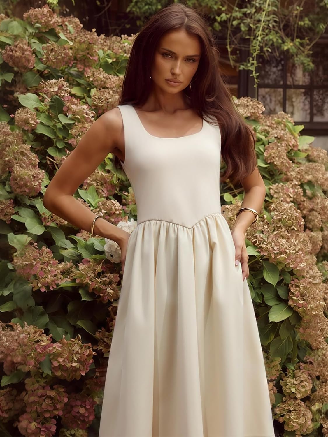 YUNDAI Elegant Sleeveless Midi Dress for Women: Flowy A-Line Scoop Neck Summer Dress - Image 4