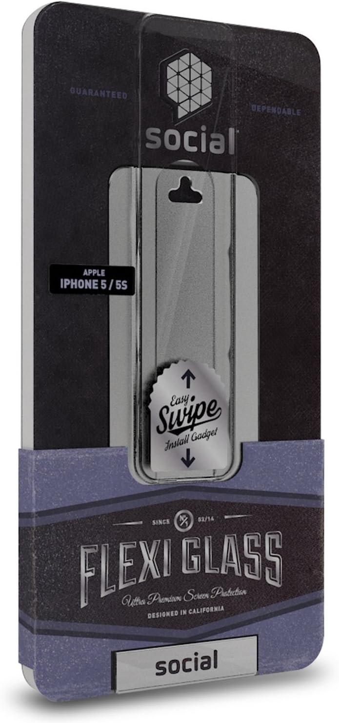 SOCIAL Flexi-Glass Screen Protector with Easy Swipe Install Kit for Apple iPhone 5 / 5s - Retail Packaging - Clear