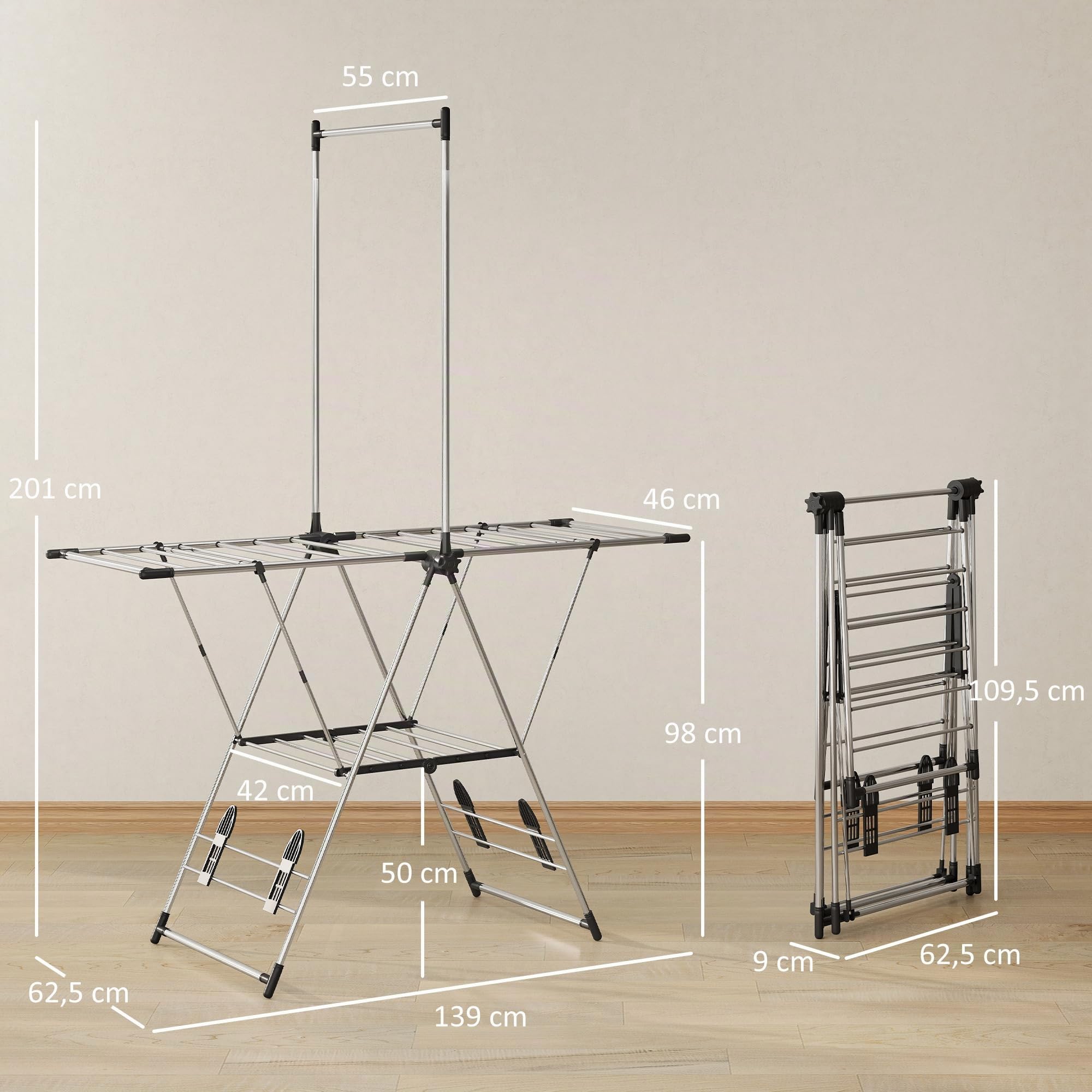 HOMCOM Séchoir à Linge Étendoir Pliable Ailes Réglables Argenté