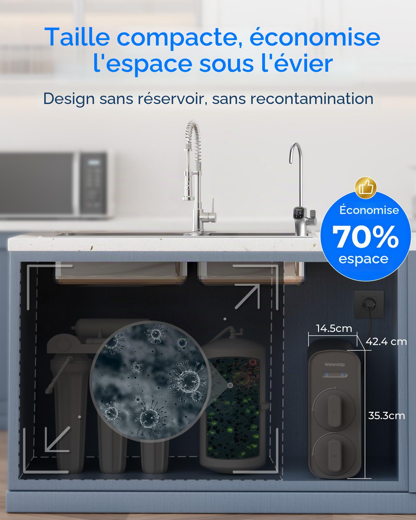Waterdrop G5P700 Filtre à Eau à Osmose Inverse, Certifié NSF/ANSI 372, Système D'osmose Inverse à Débit Rapide 700G, Système de Filtration d'Eau OI à 7 Etapes, 2:1 Pur à Drainer, Robinet LED, Sans BPA