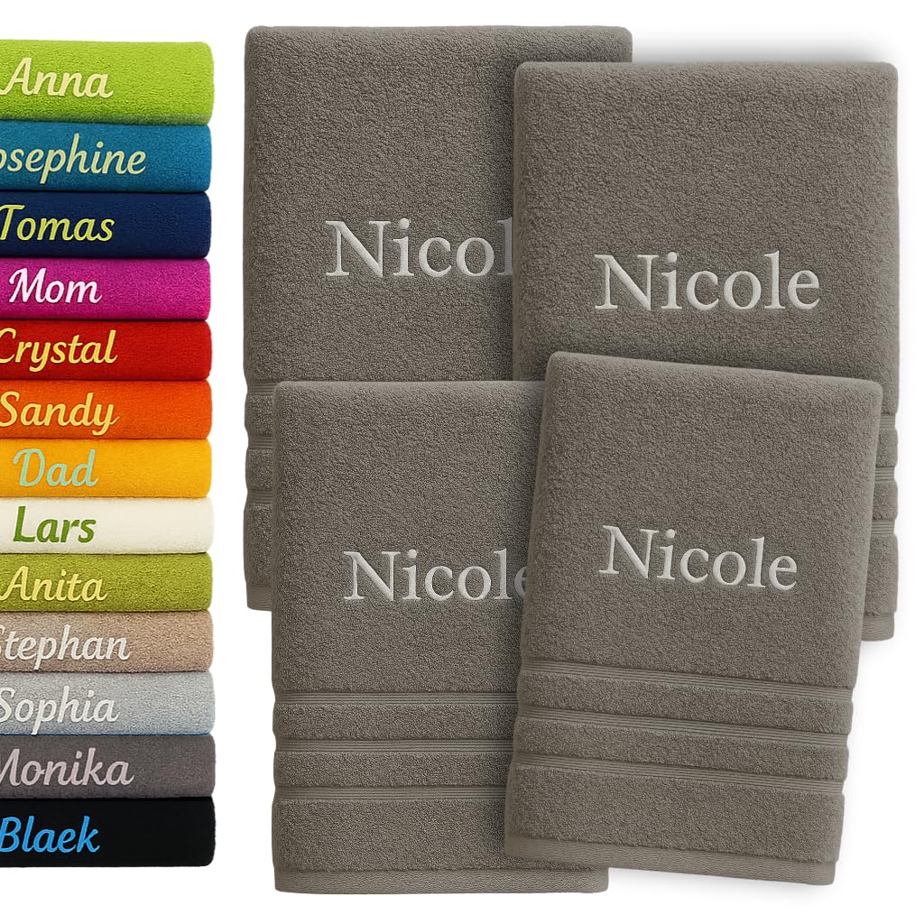 4er Pack Personalisiertes Handtuch und Badetuch mit Namen Schön gestickter Name Handbadetuch 100 % Baumwollhandtuch 2x (50 x 100 cm) + 2x (140 x 70 cm) Personalized Custom Towel with Name (Grau)