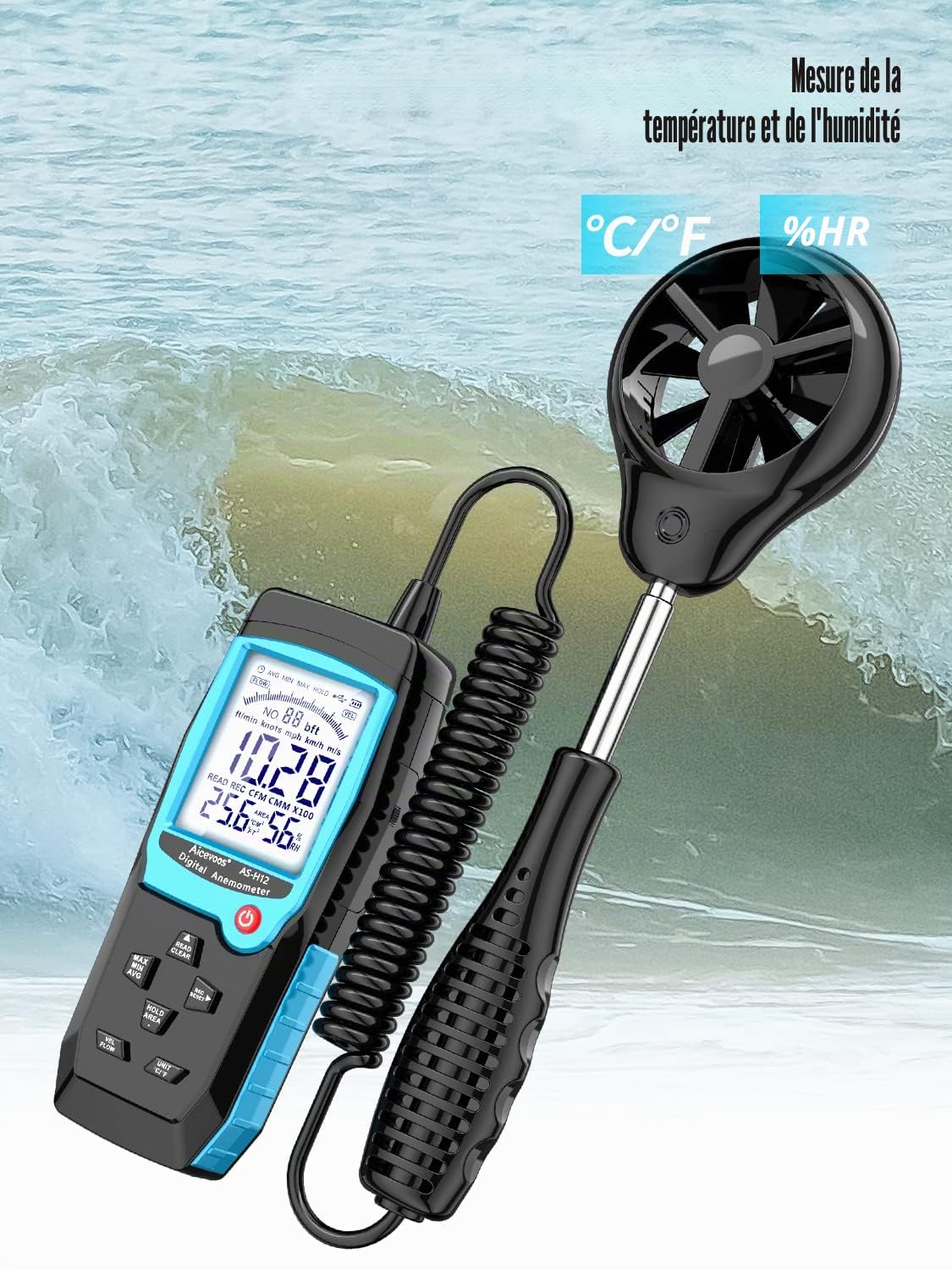 Anémomètre Numérique Portable Avec Capteur de Vent étendu, Mesure la Vitesse du Vent, la Température et l'humidité, la Vitesse du Flux d'air CFM avec Grand écran LCD Rétroéclairé