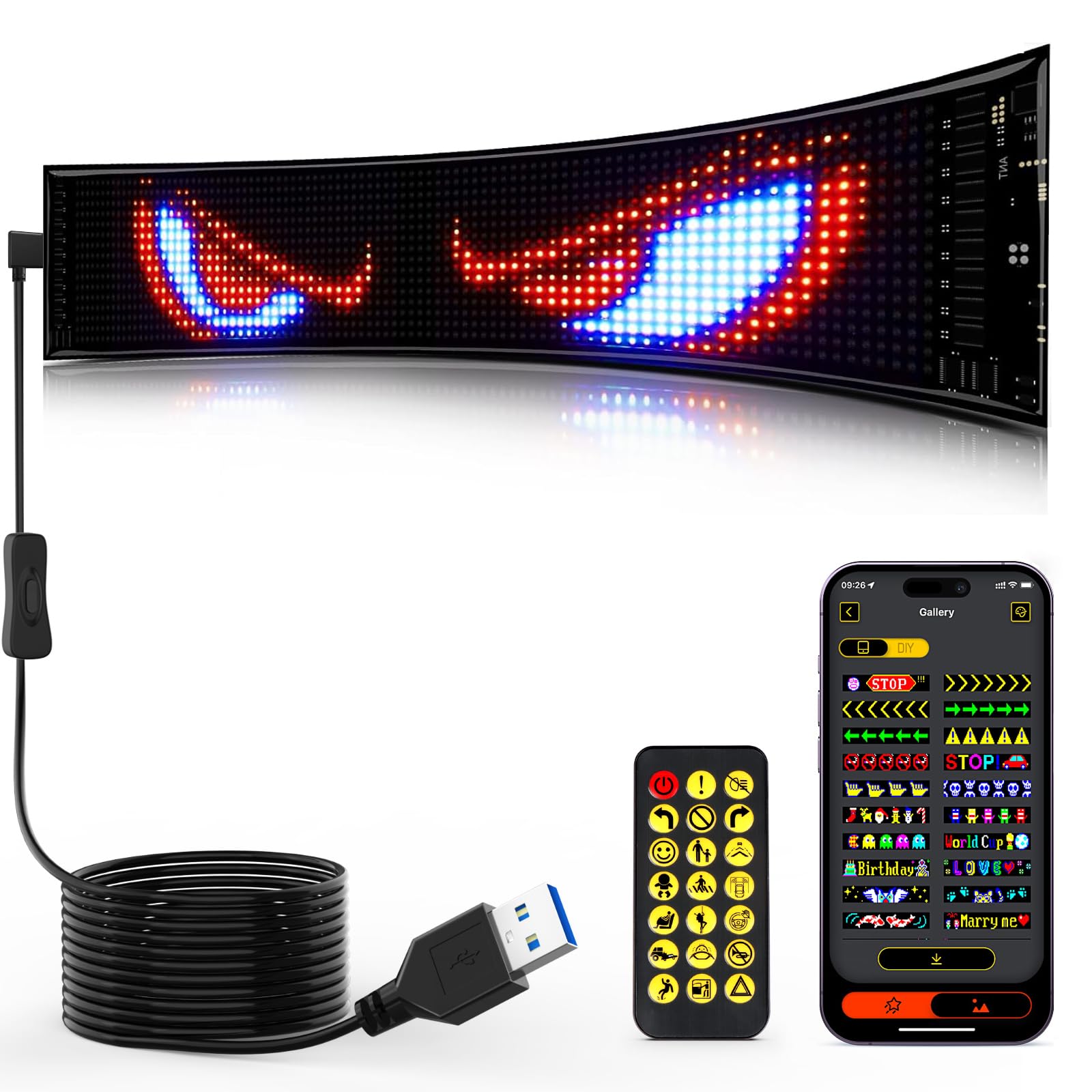 Full Color Devil Eyes Light Sign for Cars, Programmable LED Sign with APP Control, High Bright Flexible Scrolling LED Smart Screen, DIY Dynamic Big Eyes for Car Truck 23.4"×4.7"（1PCS)