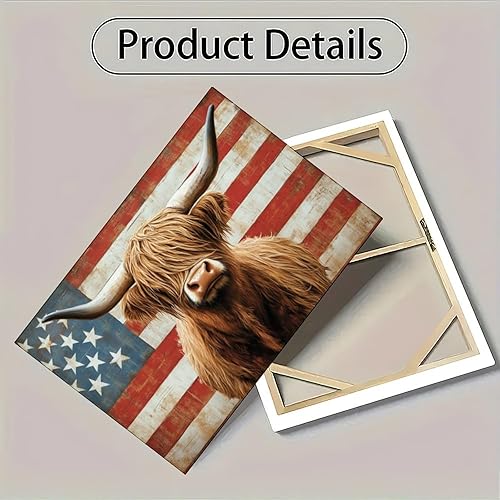 Miniatura 6 de JDBeehpy Arte de pared de vaca de las tierras altas de granja, bandera americana, sin marco, póster patriótico para el Día de la Independencia del 4