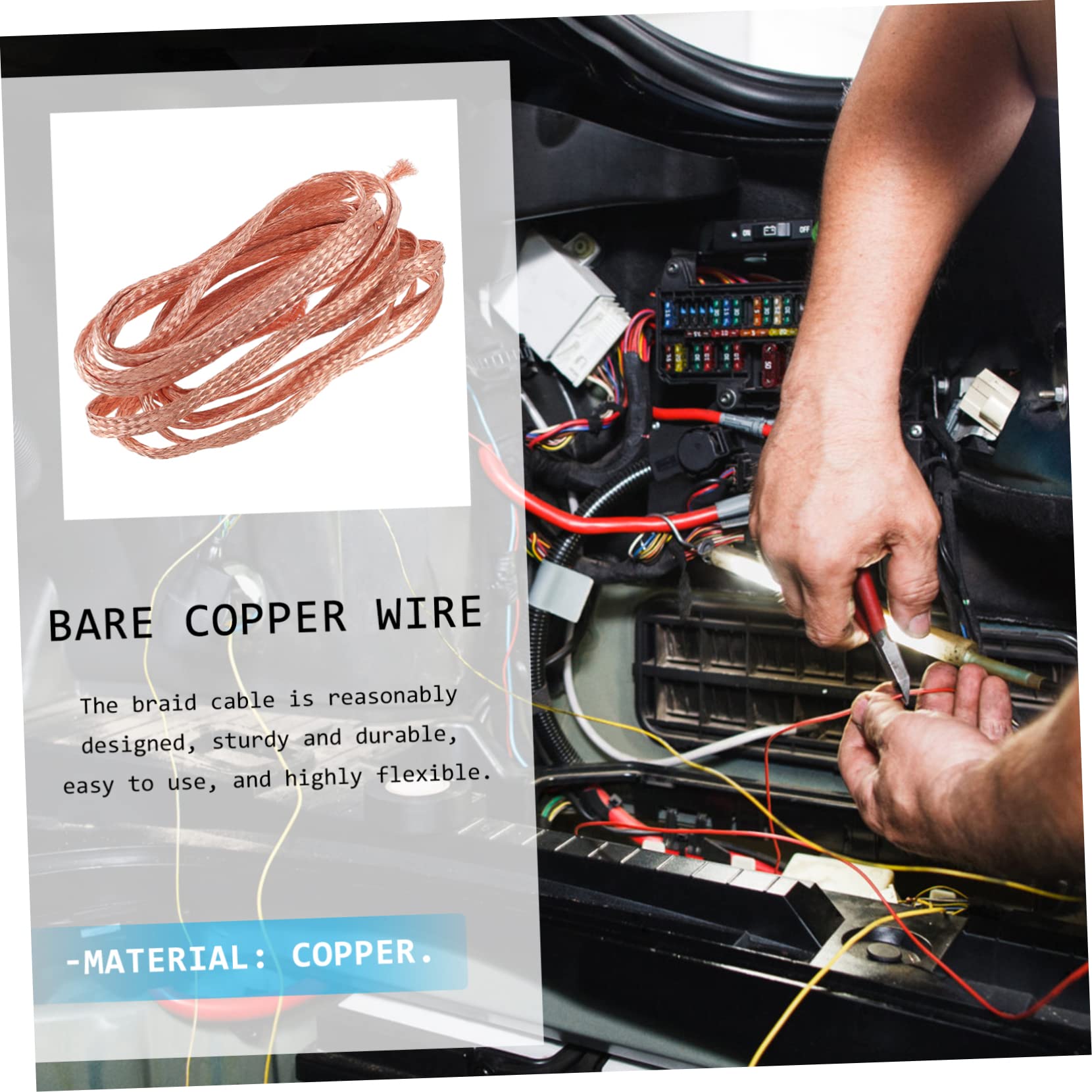 Lurrose Flat Copper Braided Cable Anti-Interference Lead Wire Flexible Cable m Length