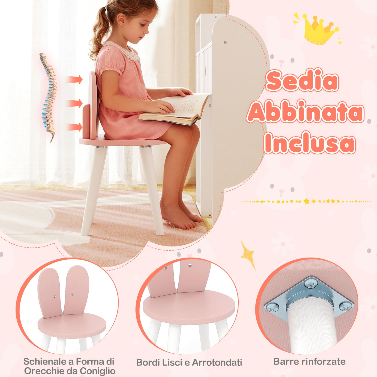 COSTWAY Toeletta Trucco per Bambina 3+ Anni con Sgabello, Tavolo Trucco in Legno Sicuro con Specchio Illuminato, Scaffali Aperti e Cassetti, Set Mobile da Principessa per Cameretta Bambina (Bianco)