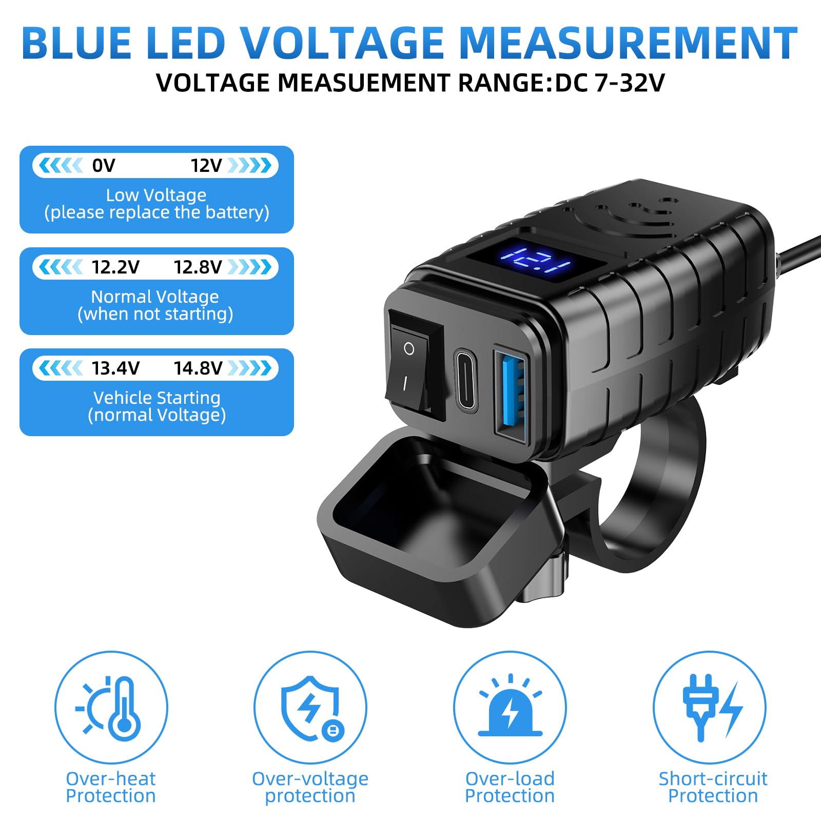 Cargador USB Moto Impermeable con PD y QC 3.0, Type C, Interruptor y Voltímetro LED para Motocicleta, Auto, Marine, Camper