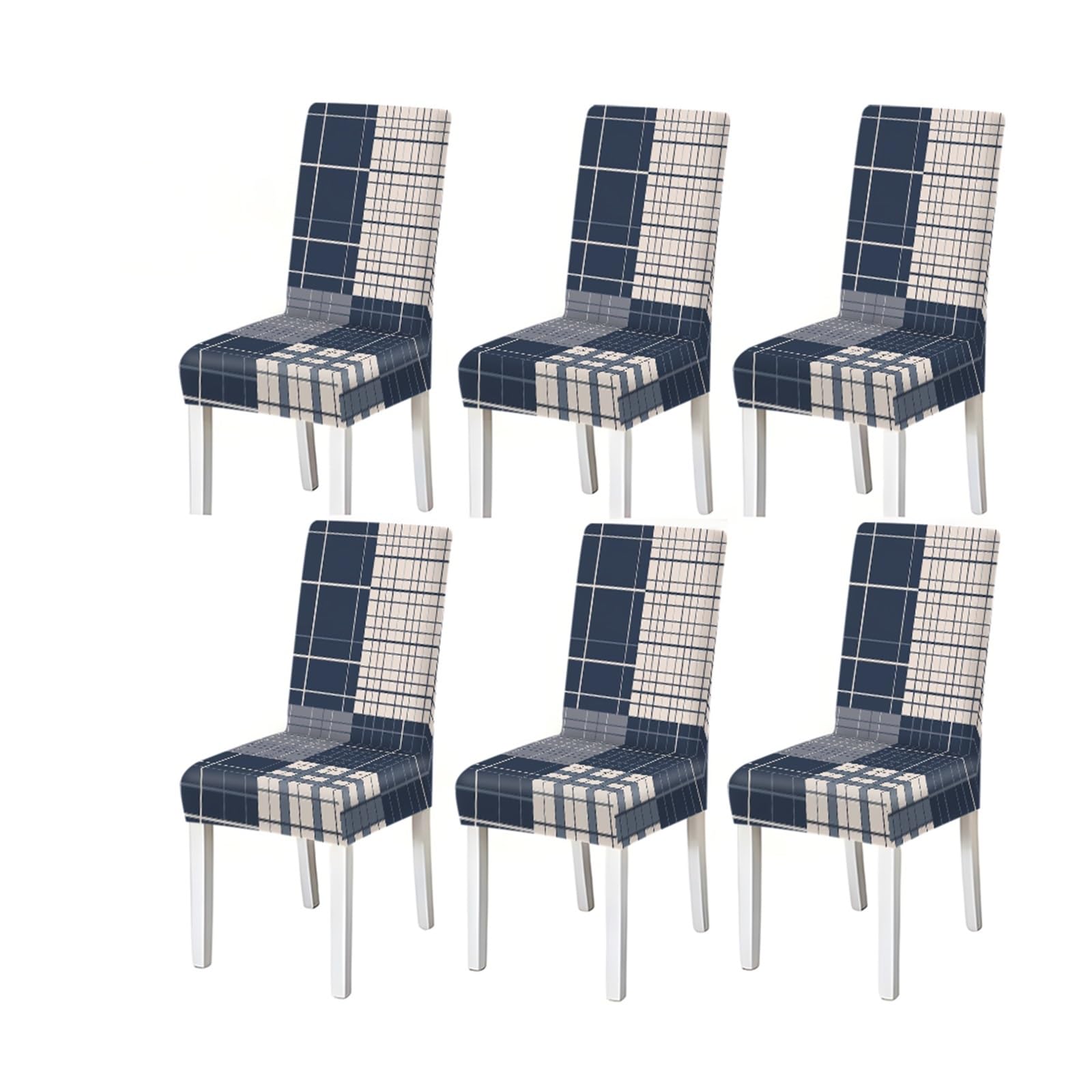 Bosuybn One Color Navy Blue Plaid Patchwork Pattern Print Dining Chair Covers Set Of 2/4/6, Stretch Slipcovers For Kitchen Dining Room Furniture Protectors For Home Dining Room(6Pcschair Cover)