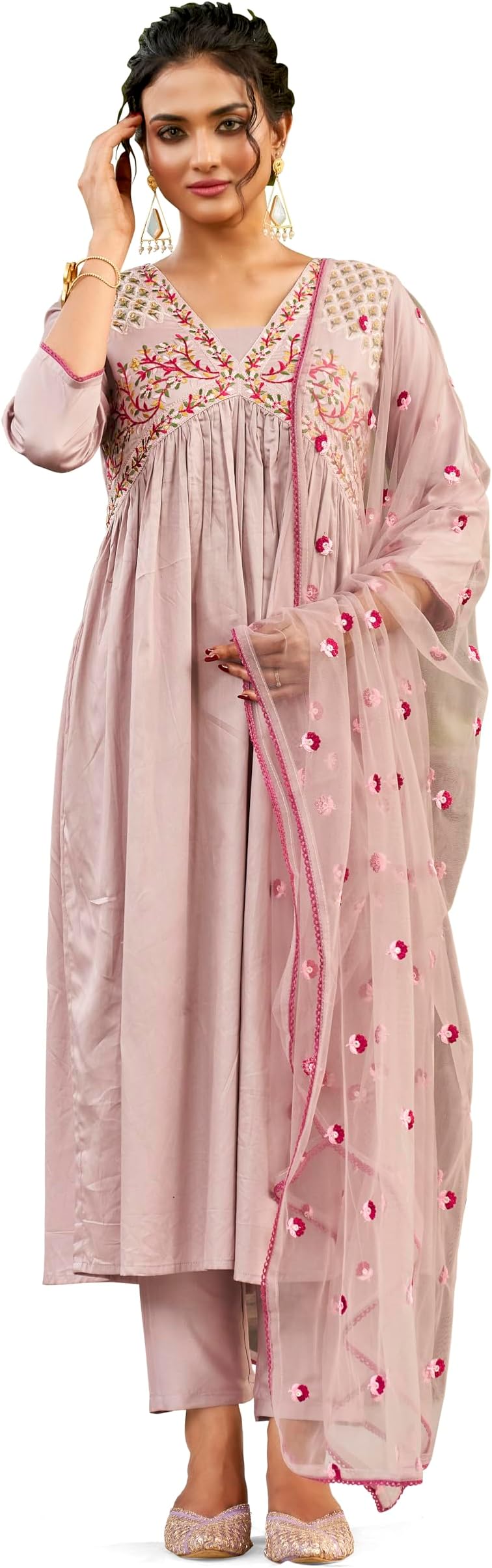 WomanistaWomen's Cotton Blend Floral Yoke Design Pleated Thread Work Kurta Trouser With Dupatta Set (Kurtaset_1214)