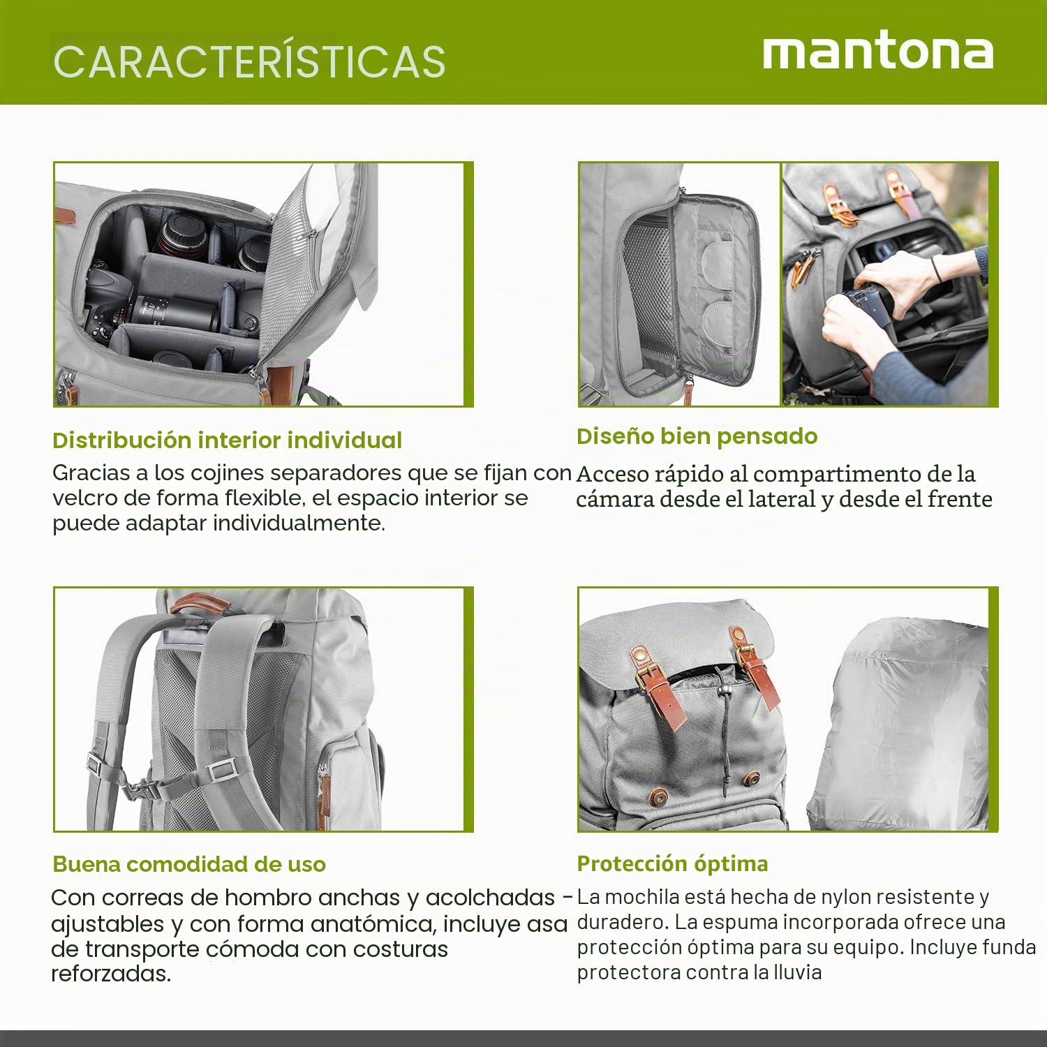 Mantona Mochila Retro Luis (con Aplicaciones de Cuero, Incluye Funda de Lluvia, Compartimentos Flexibles y Espacio para Laptop, Compatible con 1 Cámara DSLR, 3 Objetivos y Otros Accesorios), Gris