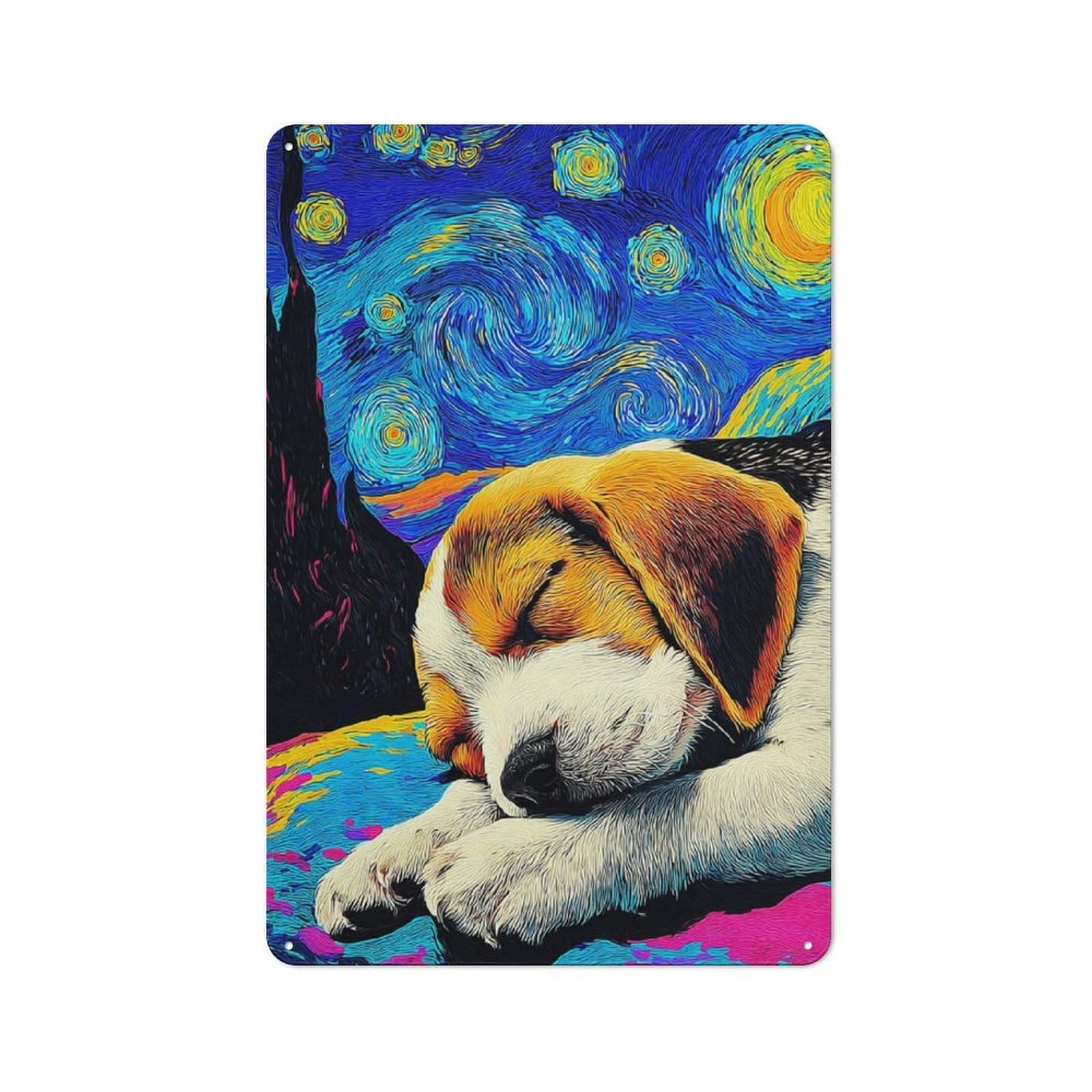 Junmoney Starry Night Pup Dreamscape Metal Plaque With Design 30X20cm, Cosy Diner Style Decor For Coffee Bar, Kitchen, Bistro Or Tea Corner