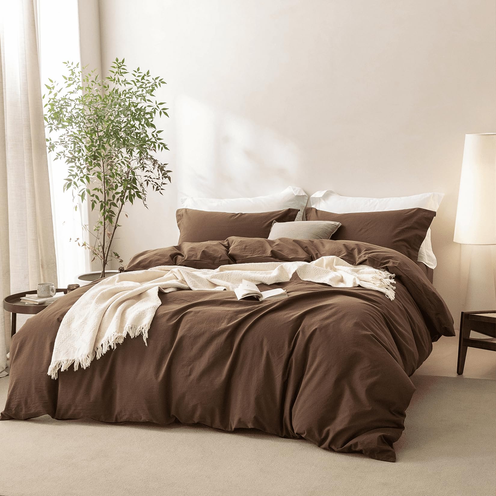 BDEAR Linen Feel Cocoa Brown Duvet Cover Super Queen Size 98'' L x 90'' W, Percale 100% Washed Cotton Duver Cover with Zipper Closure Plus 2