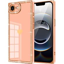 for iPhone 17e/16e Case Rectangle Bling Glitter Diamond Pink | for Women Girls Sparkle Rhinestones Cute Love Heart Luxury Gold Plating Full Camera Protection Shockproof Phone Case